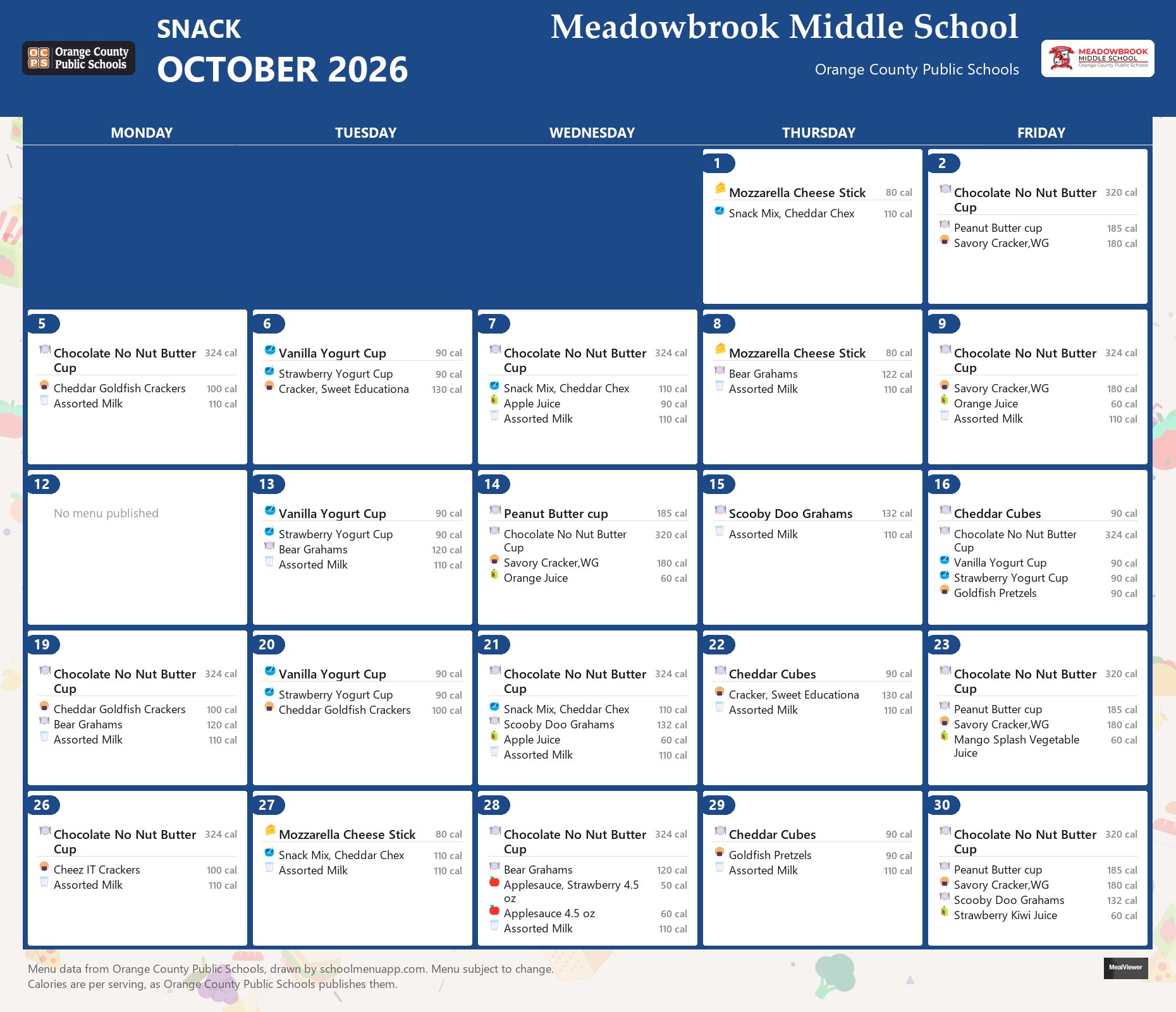 Meadowbrook Middle School snack menu for October 2026 &mdash; Orange County Public Schools