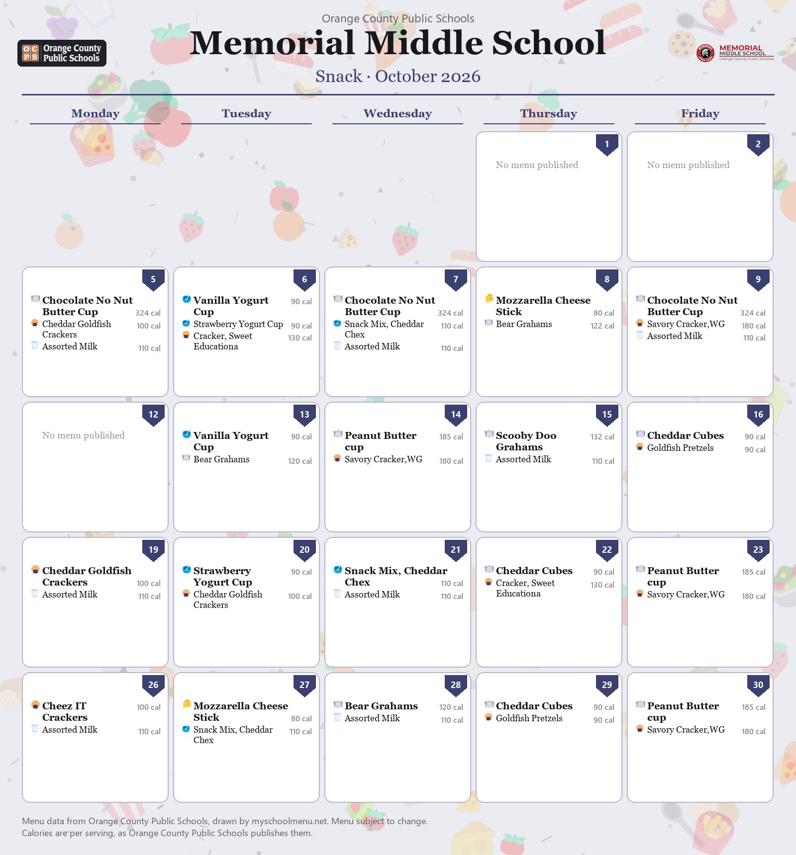 Memorial Middle School snack menu for October 2026 &mdash; Orange County Public Schools