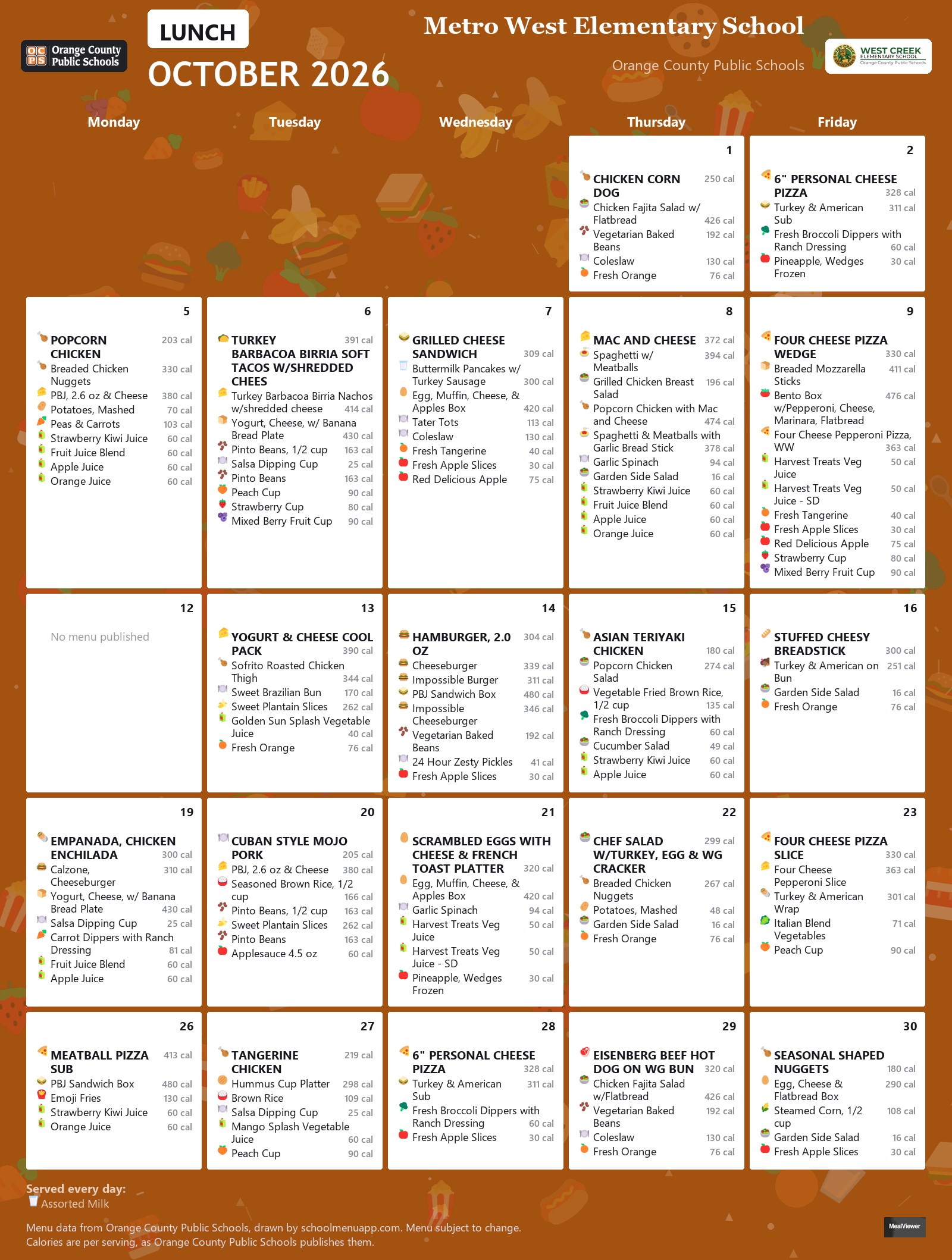Metro West Elementary School lunch menu for October 2026 &mdash; Orange County Public Schools