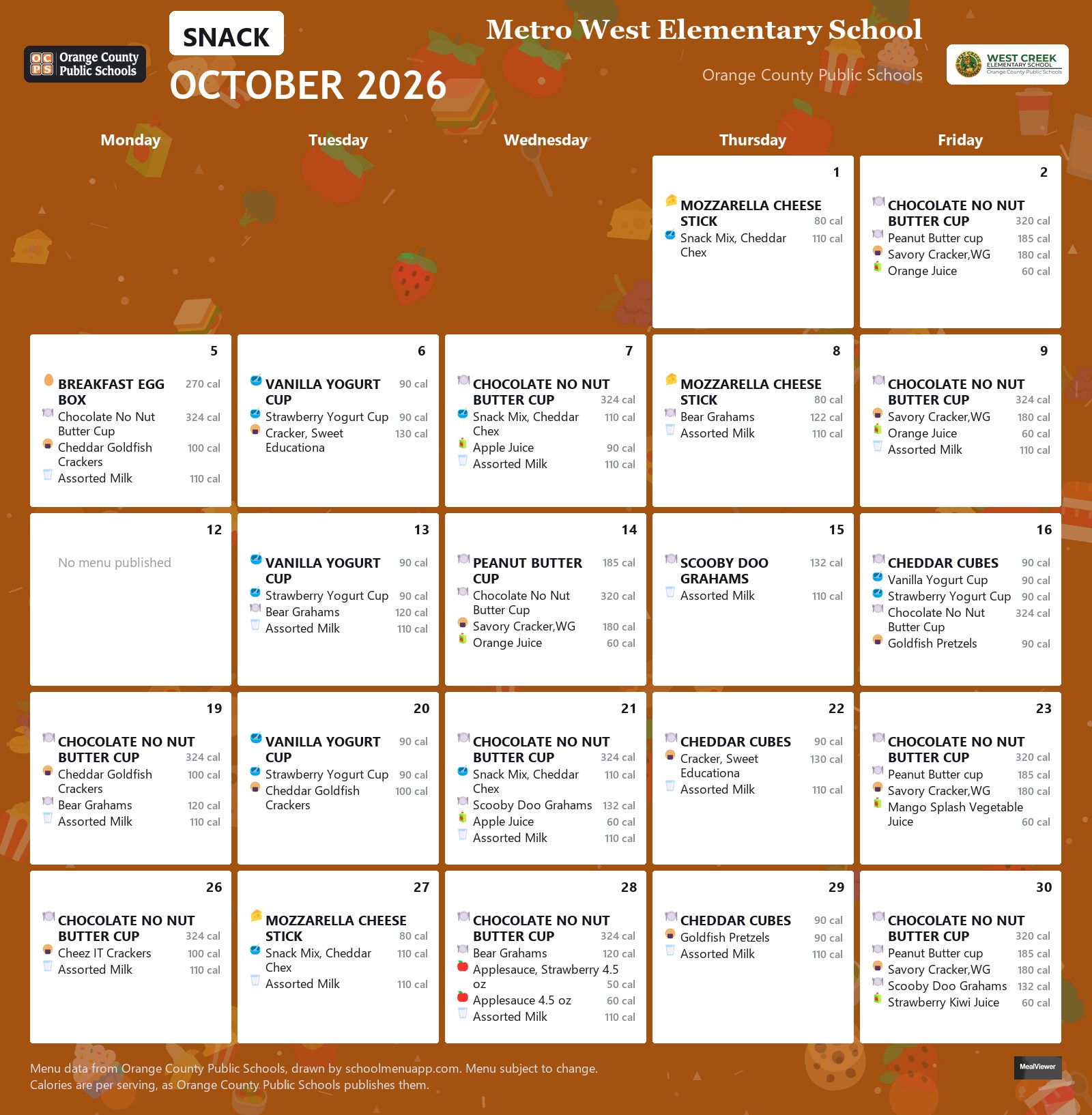Metro West Elementary School snack menu for October 2026 &mdash; Orange County Public Schools