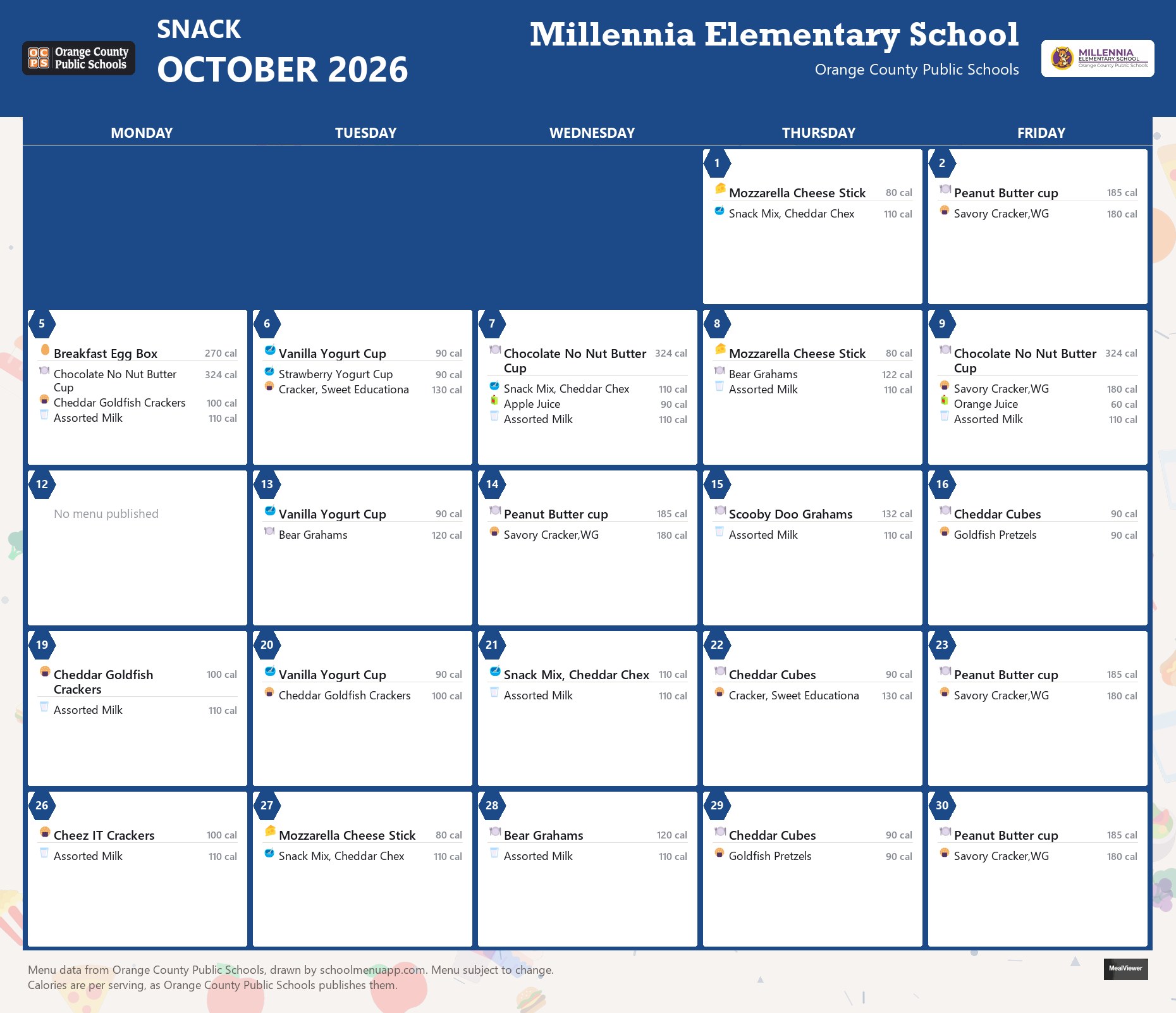 Millennia Elementary School snack menu for October 2026 &mdash; Orange County Public Schools