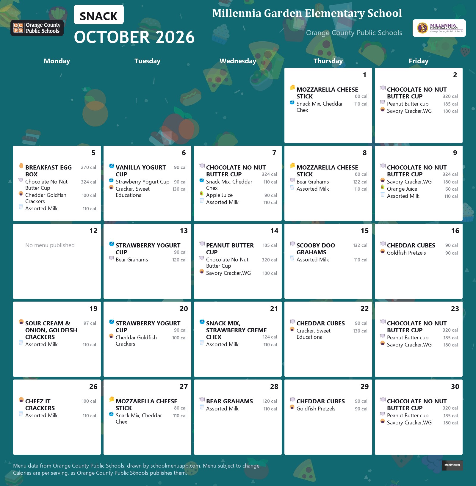 Millennia Garden Elementary School snack menu for October 2026 &mdash; Orange County Public Schools