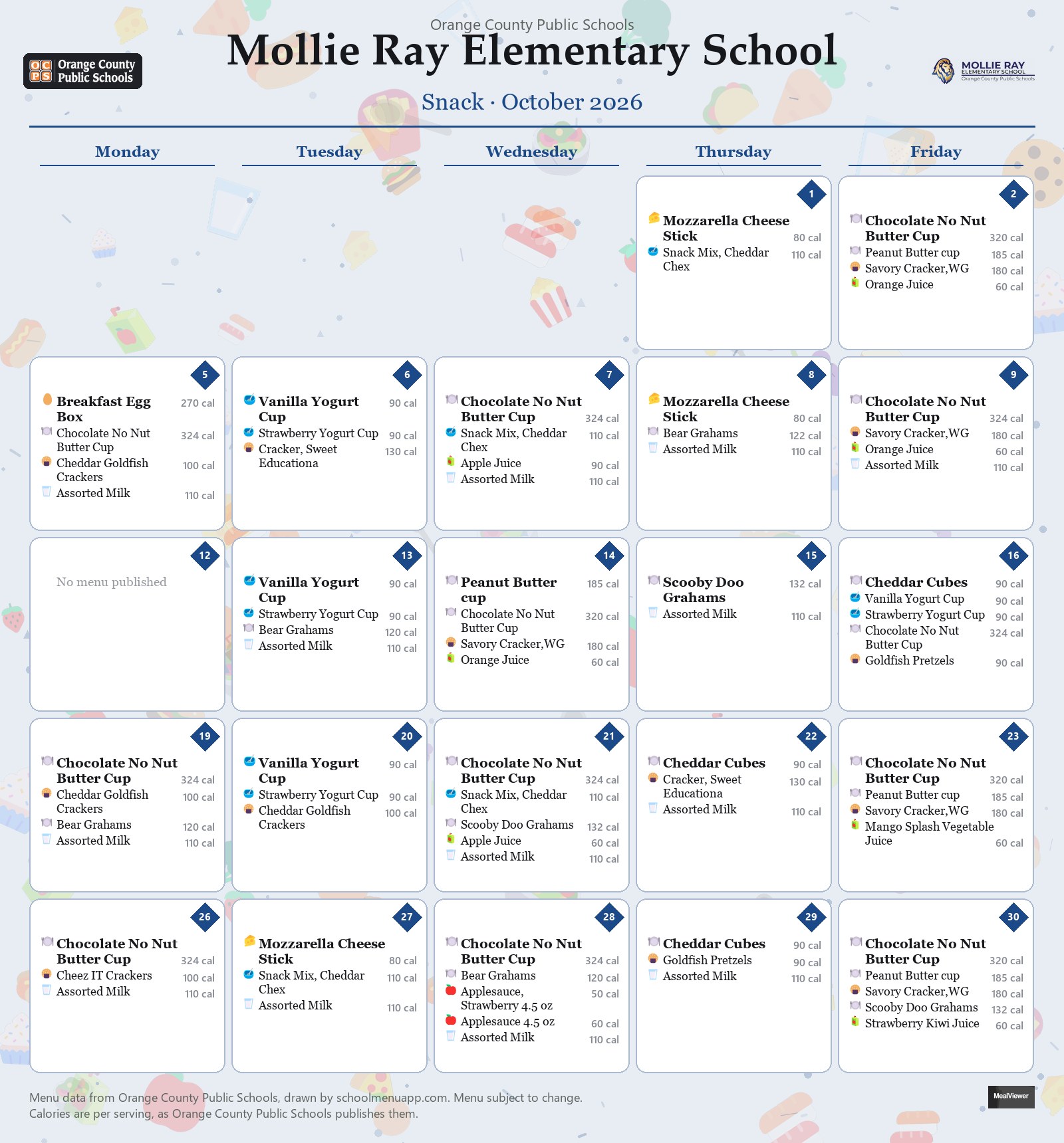 Mollie Ray Elementary School snack menu for October 2026 &mdash; Orange County Public Schools