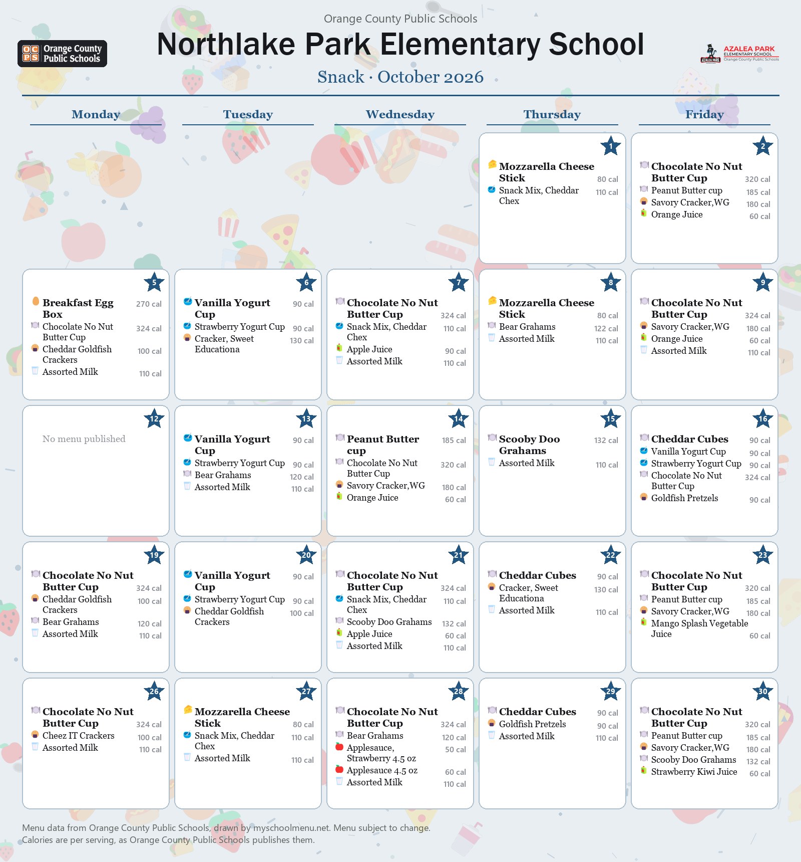 Northlake Park Elementary School snack menu for October 2026 &mdash; Orange County Public Schools