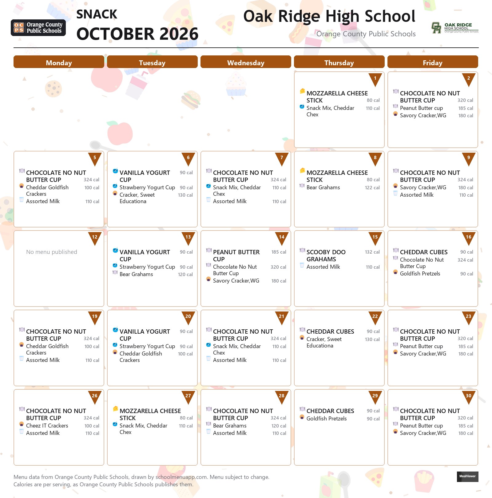 Oak Ridge High School snack menu for October 2026 &mdash; Orange County Public Schools