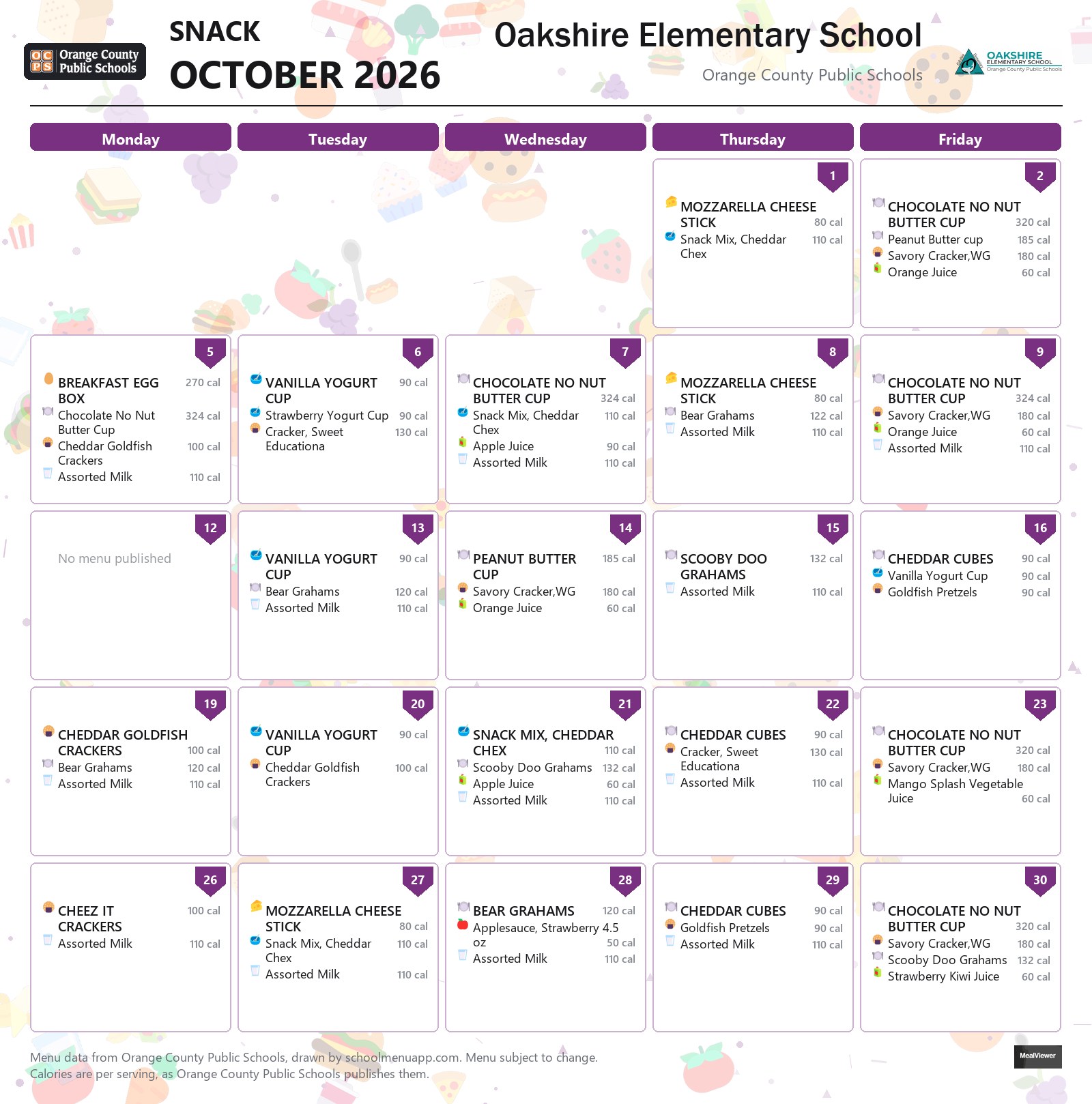 Oakshire Elementary School snack menu for October 2026 &mdash; Orange County Public Schools
