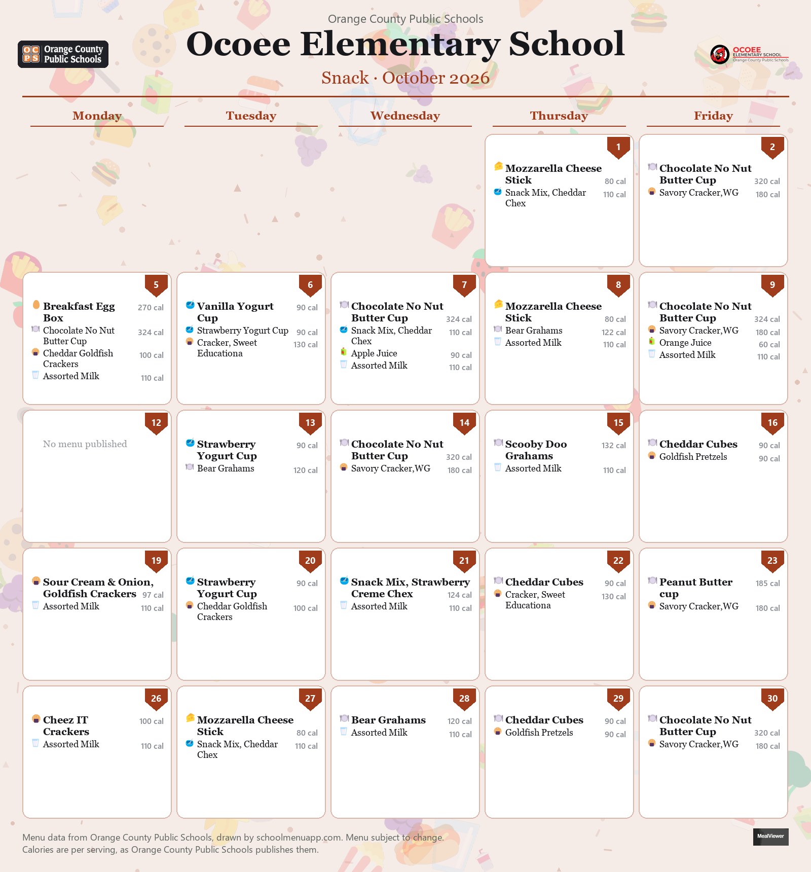 Ocoee Elementary School snack menu for October 2026 &mdash; Orange County Public Schools