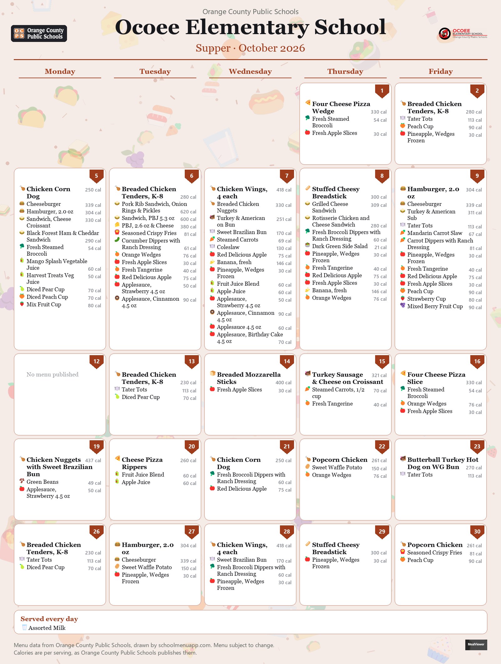 Ocoee Elementary School supper menu for October 2026 &mdash; Orange County Public Schools