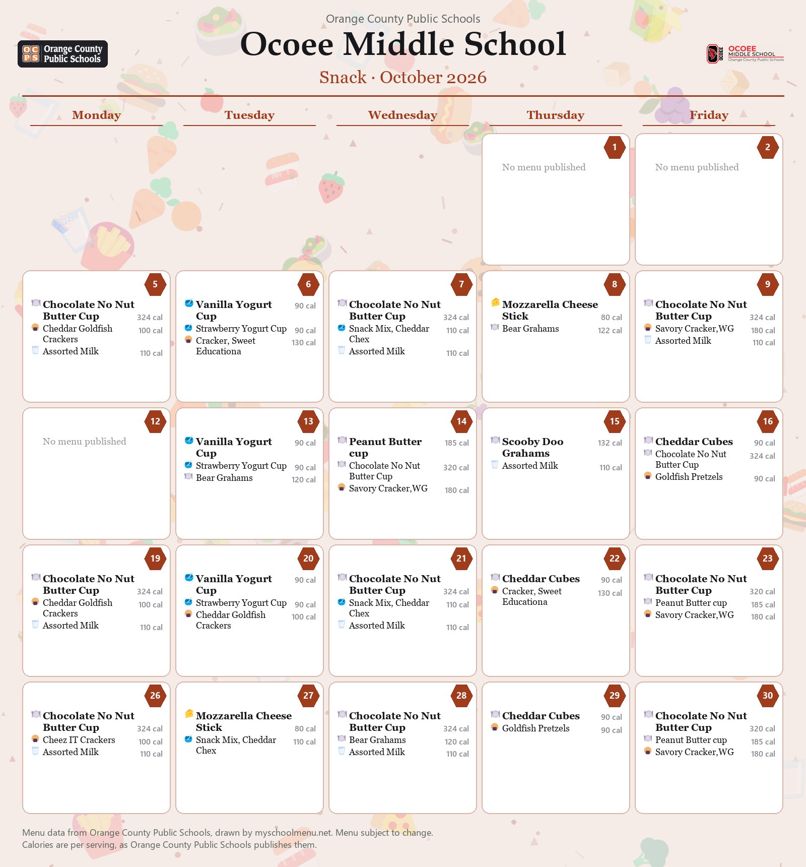 Ocoee Middle School snack menu for October 2026 &mdash; Orange County Public Schools