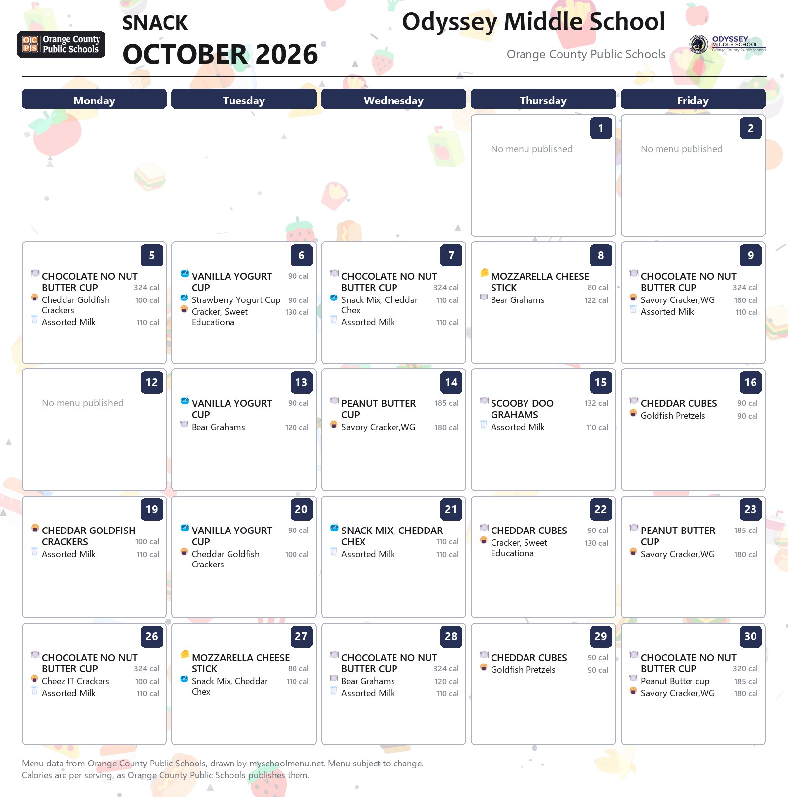 Odyssey Middle School snack menu for October 2026 &mdash; Orange County Public Schools