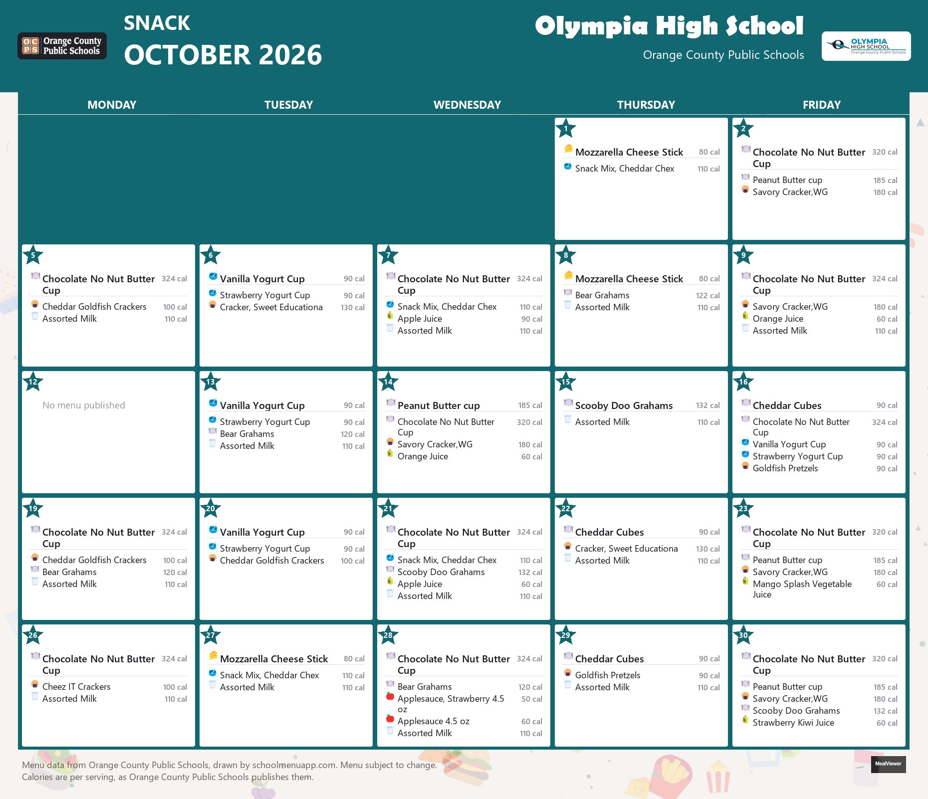 Olympia High School snack menu for October 2026 &mdash; Orange County Public Schools