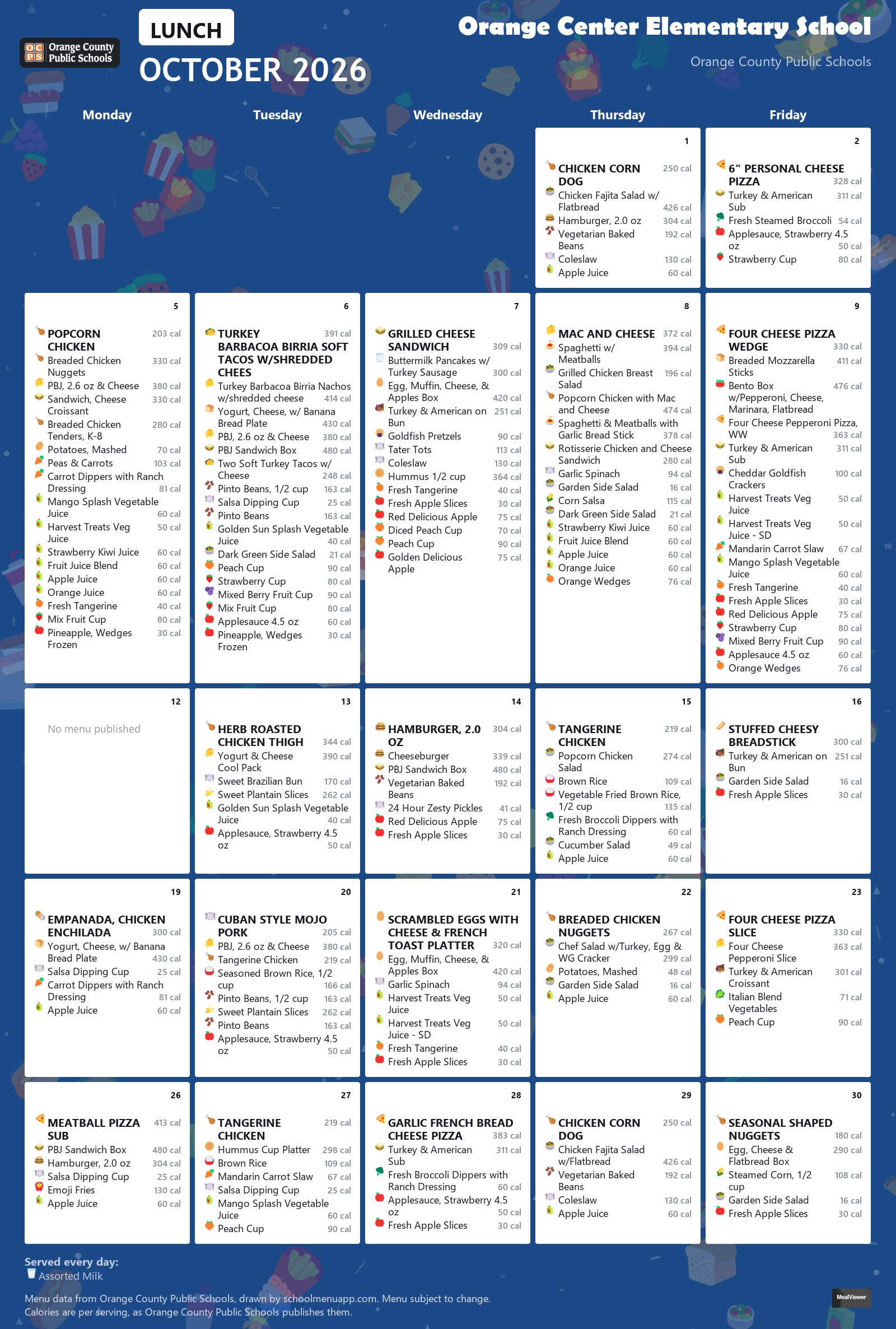 Orange Center Elementary School lunch menu for October 2026 &mdash; Orange County Public Schools
