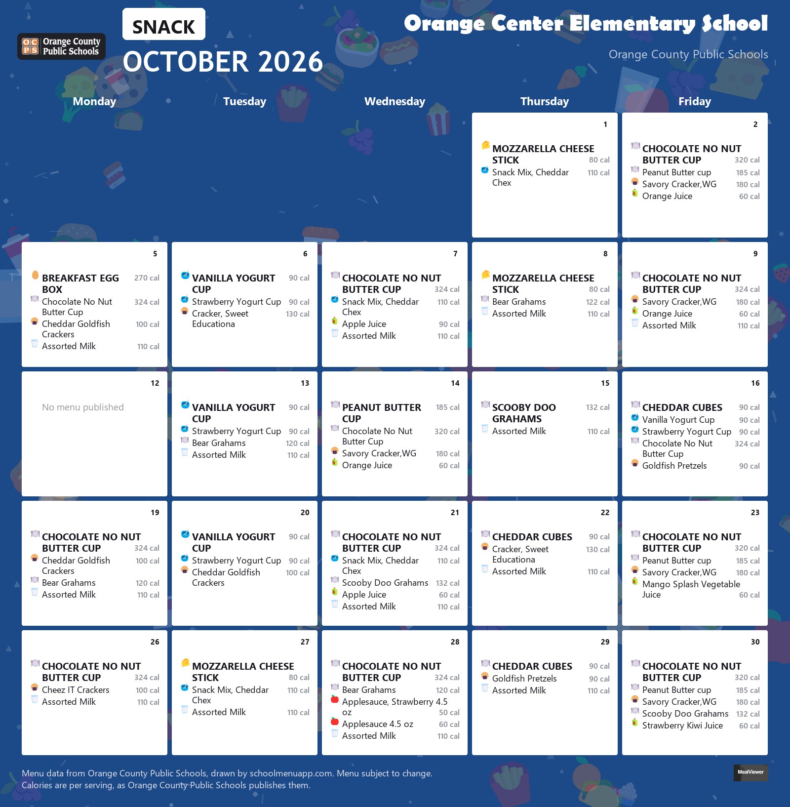 Orange Center Elementary School snack menu for October 2026 &mdash; Orange County Public Schools