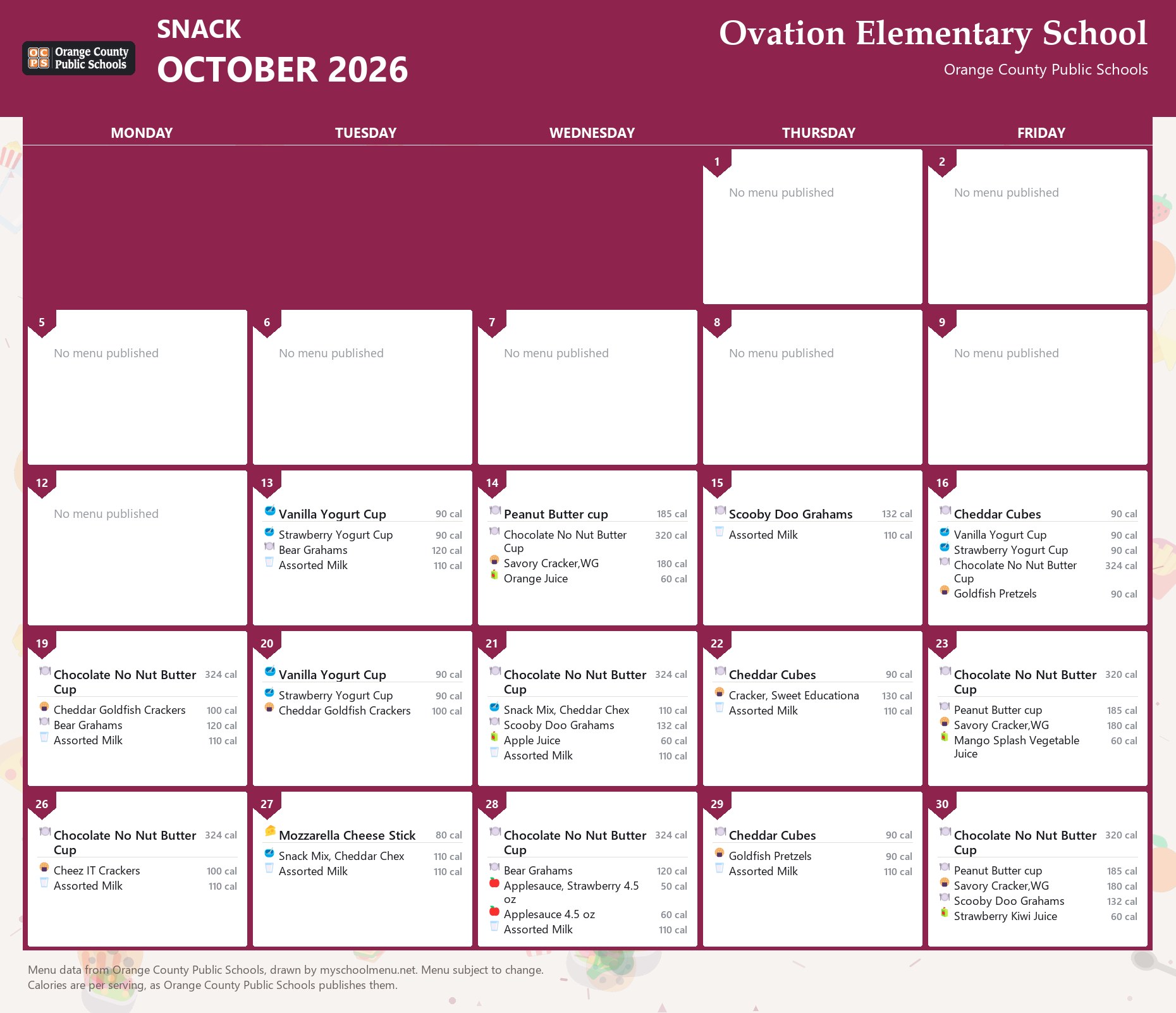 Ovation Elementary School snack menu for October 2026 &mdash; Orange County Public Schools