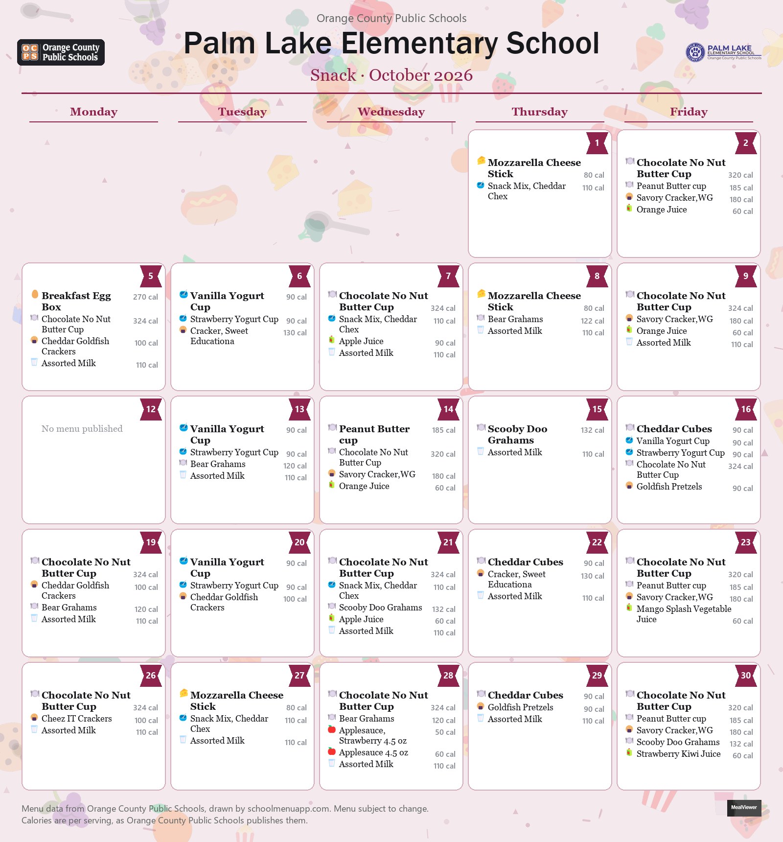 Palm Lake Elementary School snack menu for October 2026 &mdash; Orange County Public Schools
