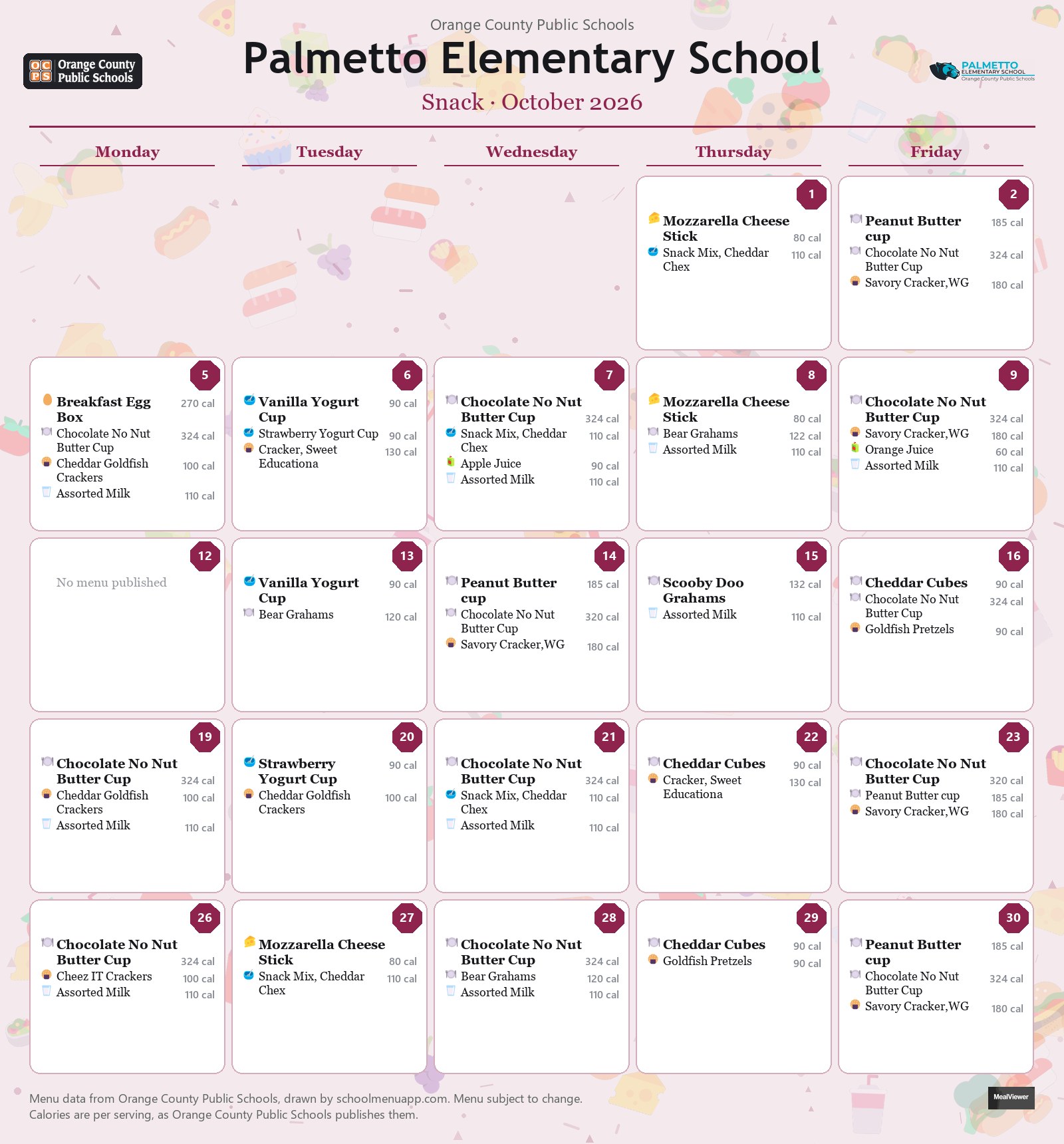Palmetto Elementary School snack menu for October 2026 &mdash; Orange County Public Schools