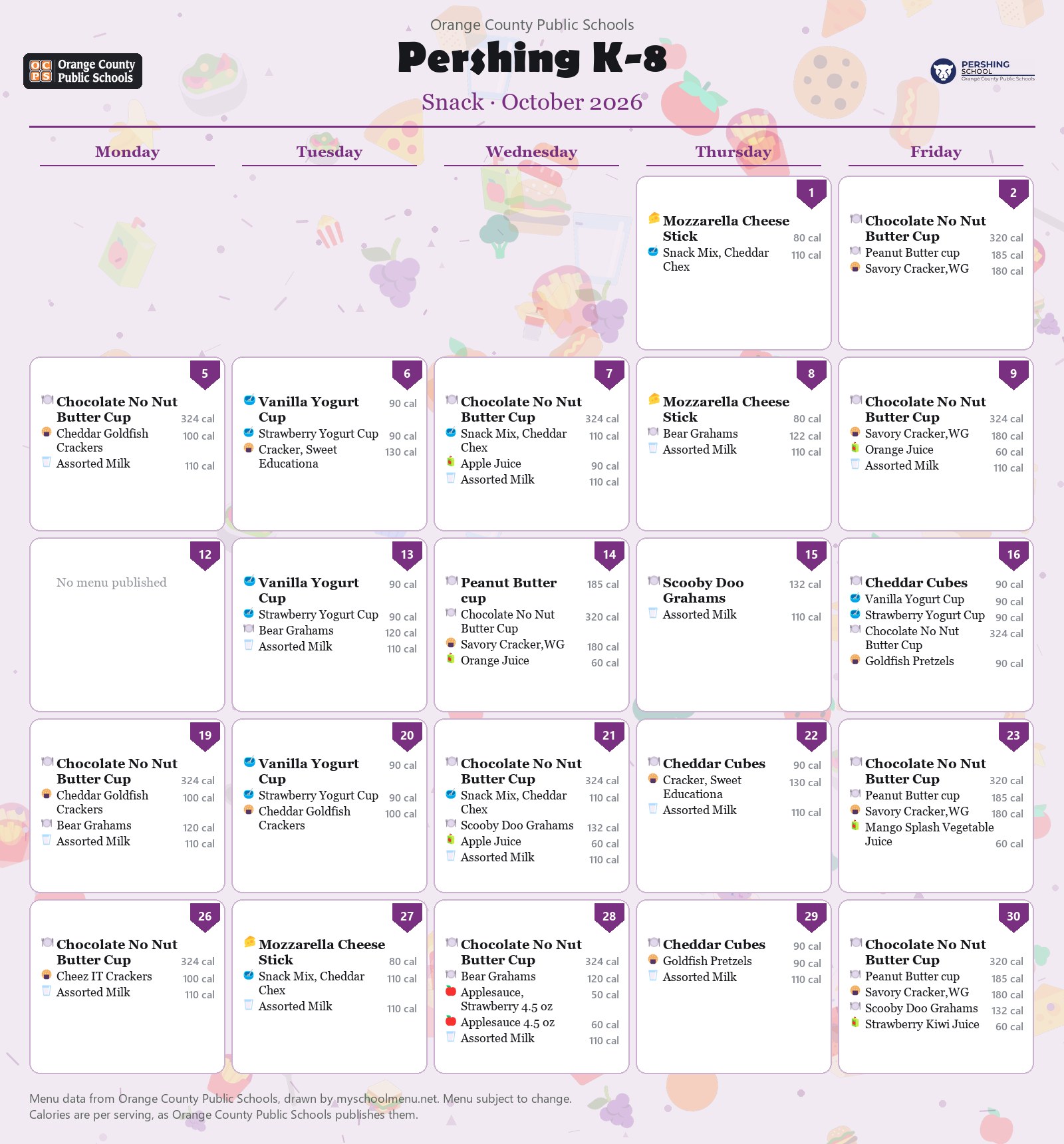 Pershing K-8 snack menu for October 2026 &mdash; Orange County Public Schools