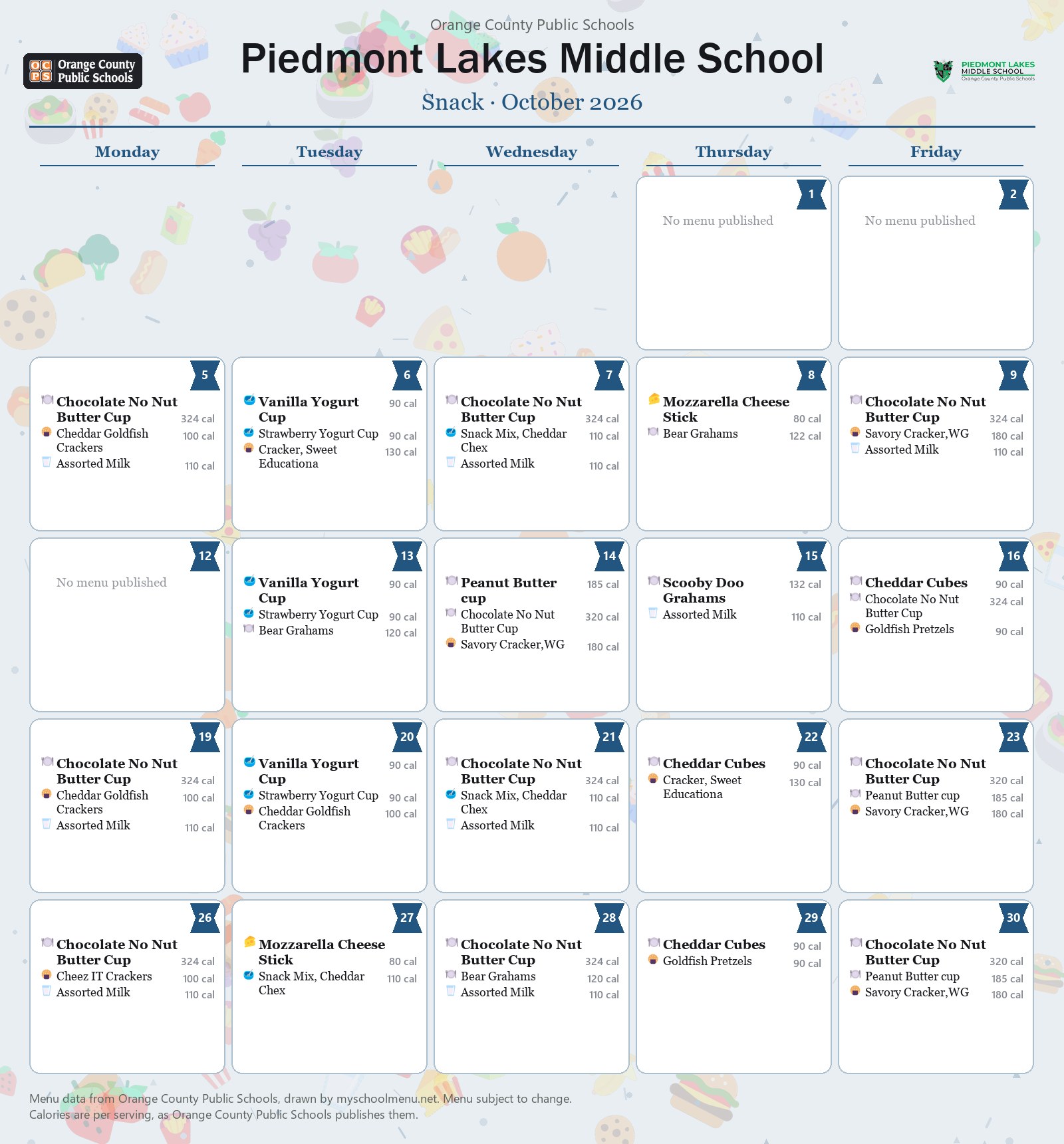 Piedmont Lakes Middle School snack menu for October 2026 &mdash; Orange County Public Schools