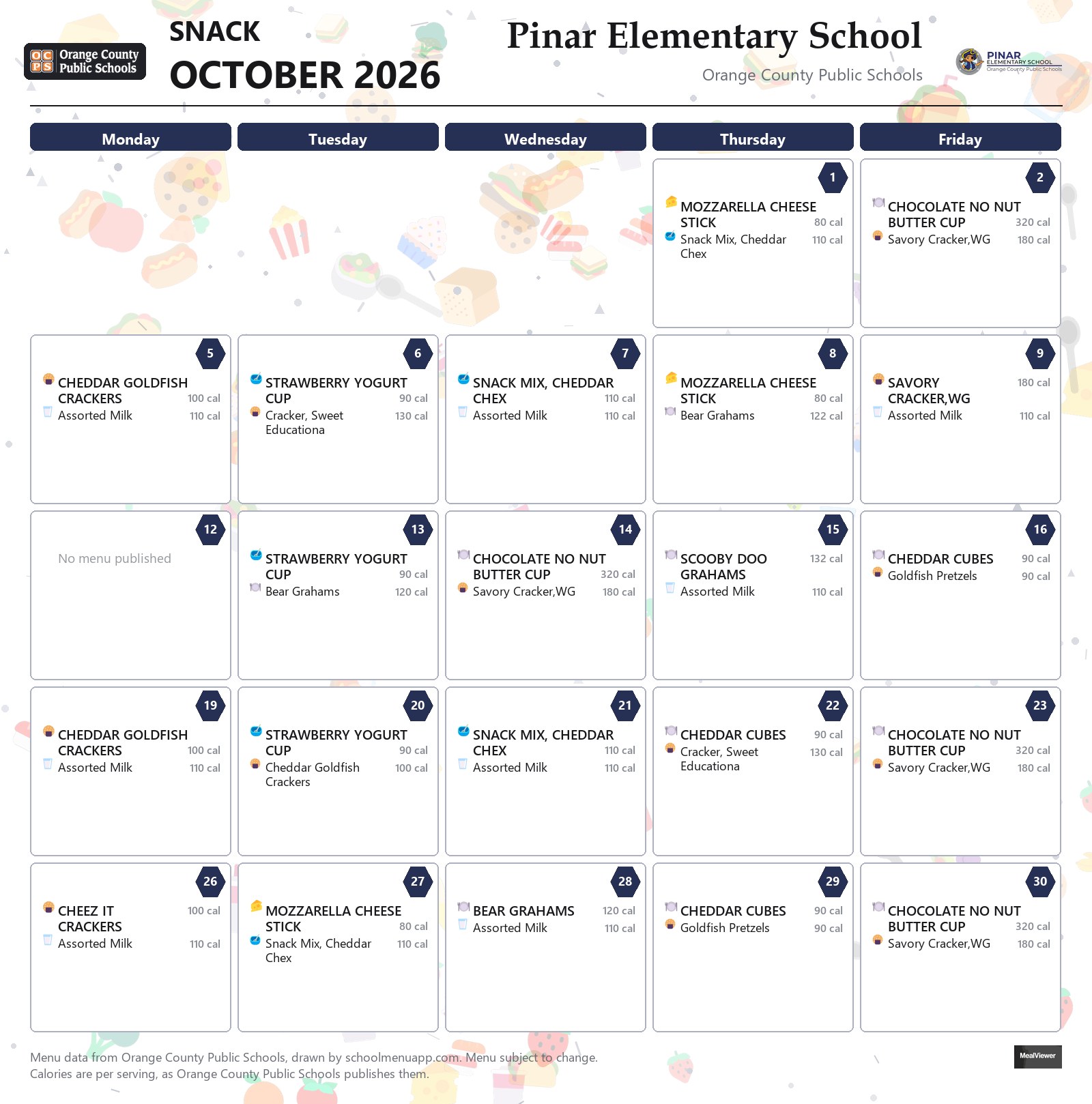 Pinar Elementary School snack menu for October 2026 &mdash; Orange County Public Schools