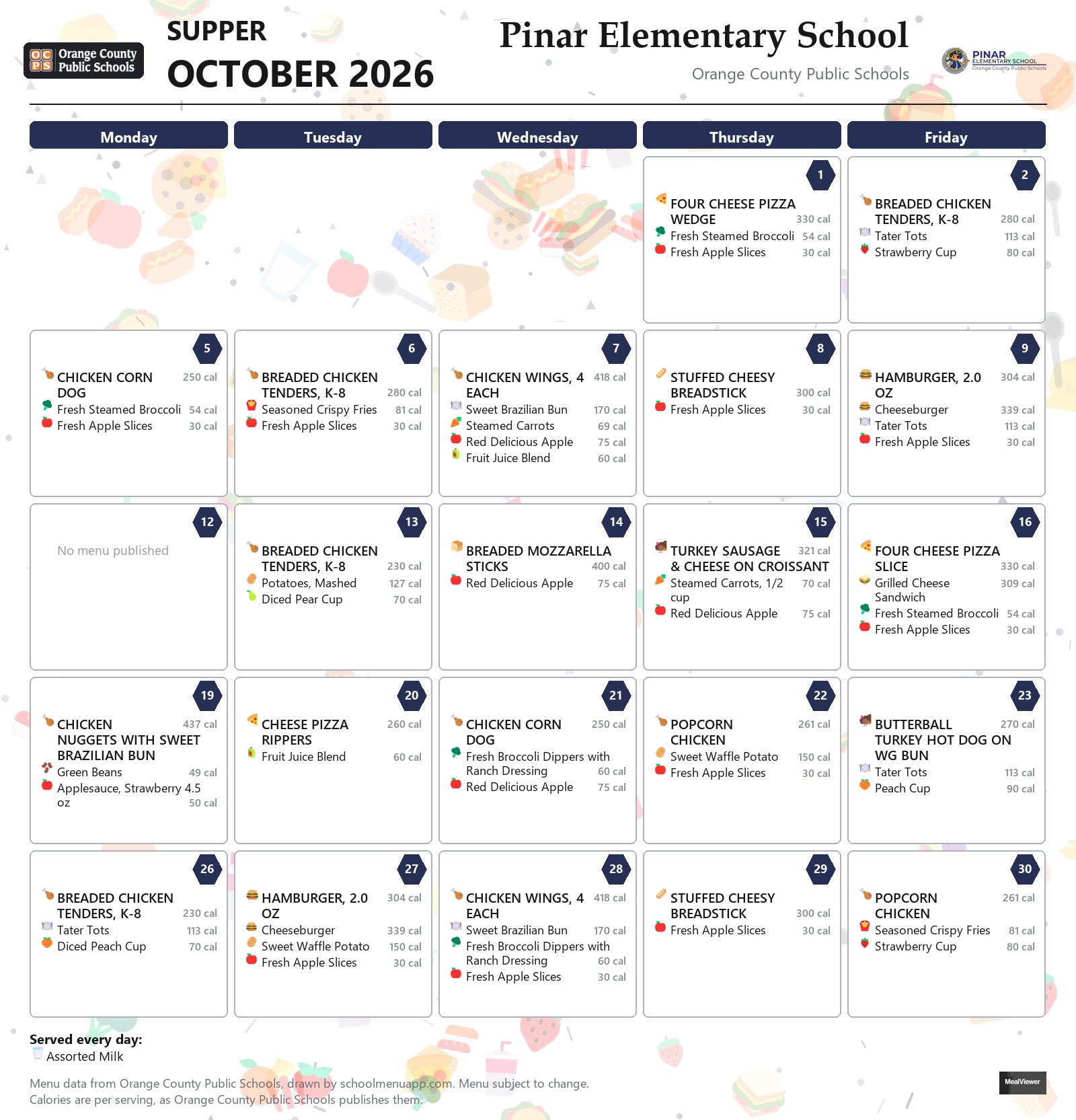 Pinar Elementary School supper menu for October 2026 &mdash; Orange County Public Schools