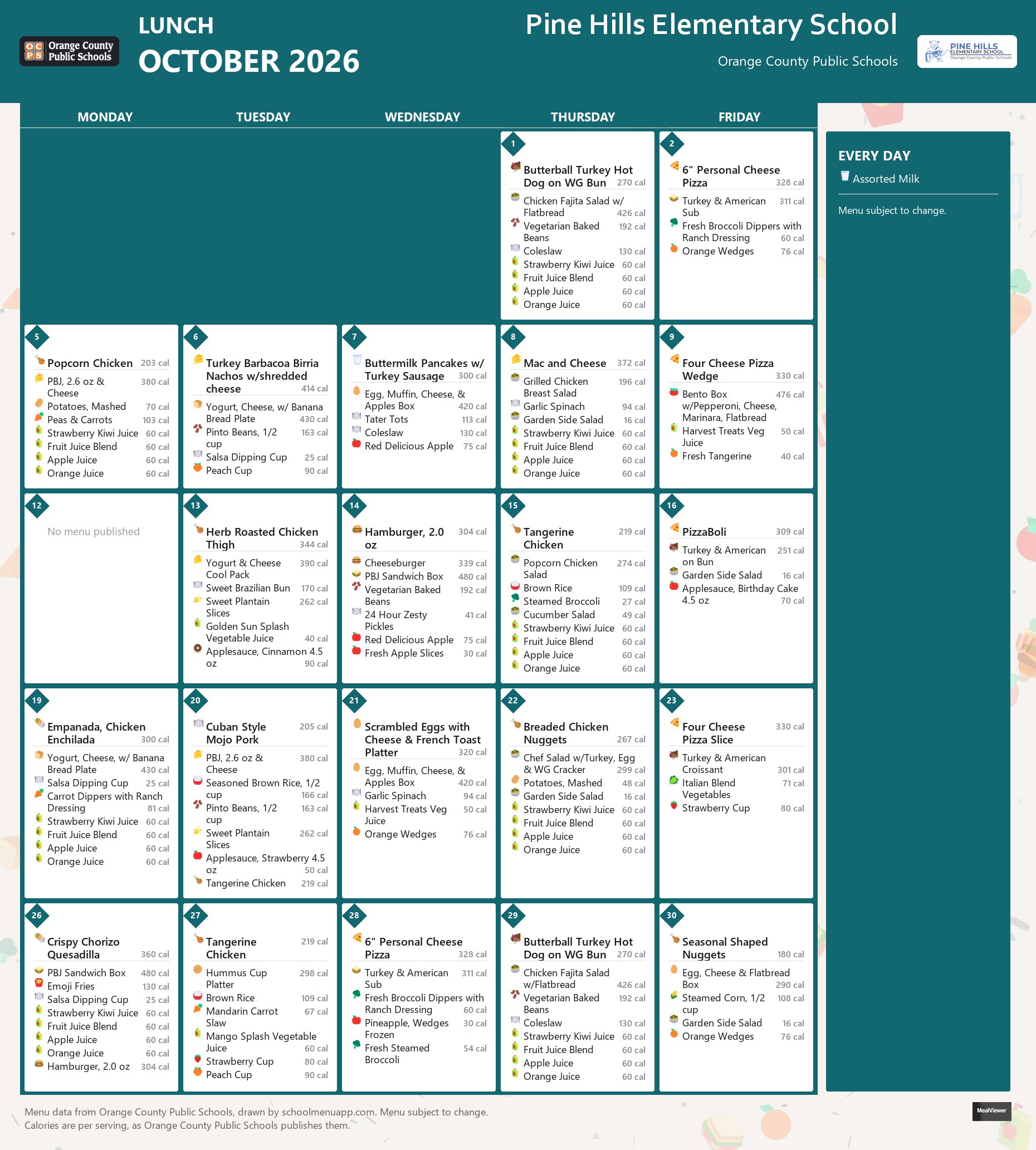 Pine Hills Elementary School lunch menu for October 2026 &mdash; Orange County Public Schools