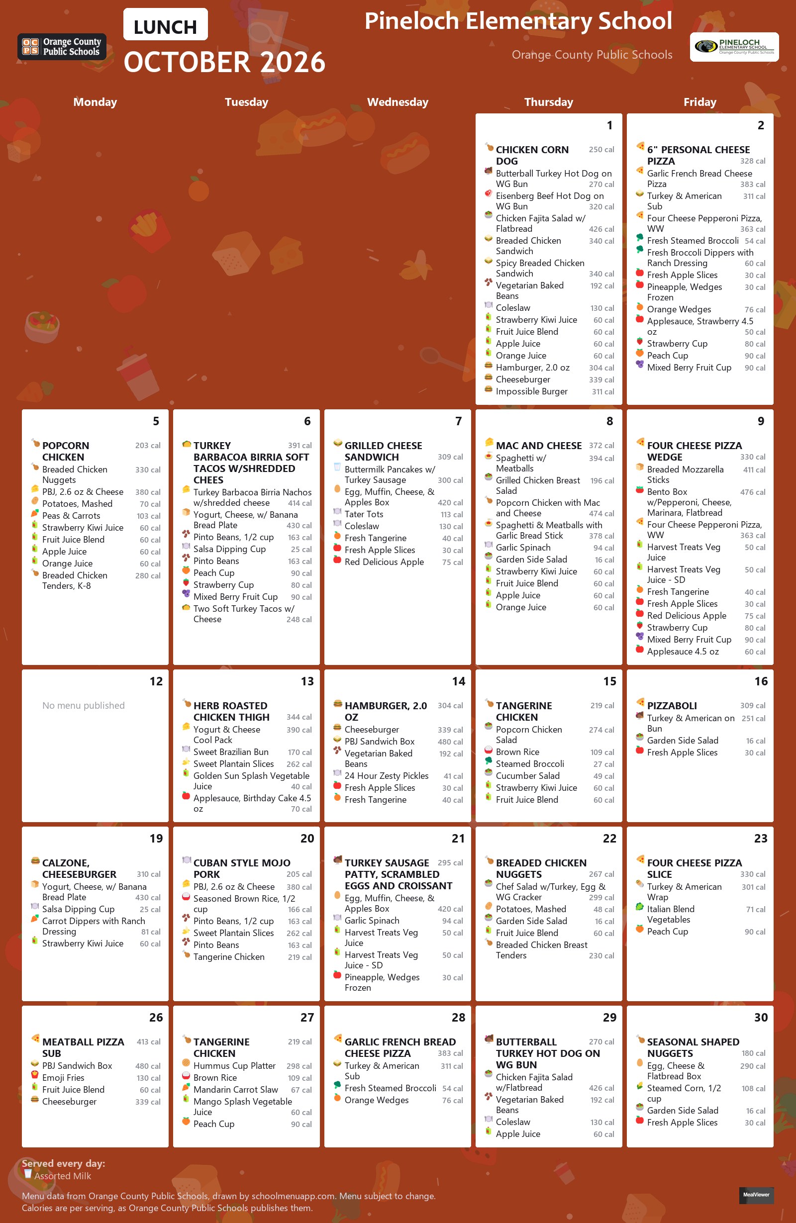 Pineloch Elementary School lunch menu for October 2026 &mdash; Orange County Public Schools