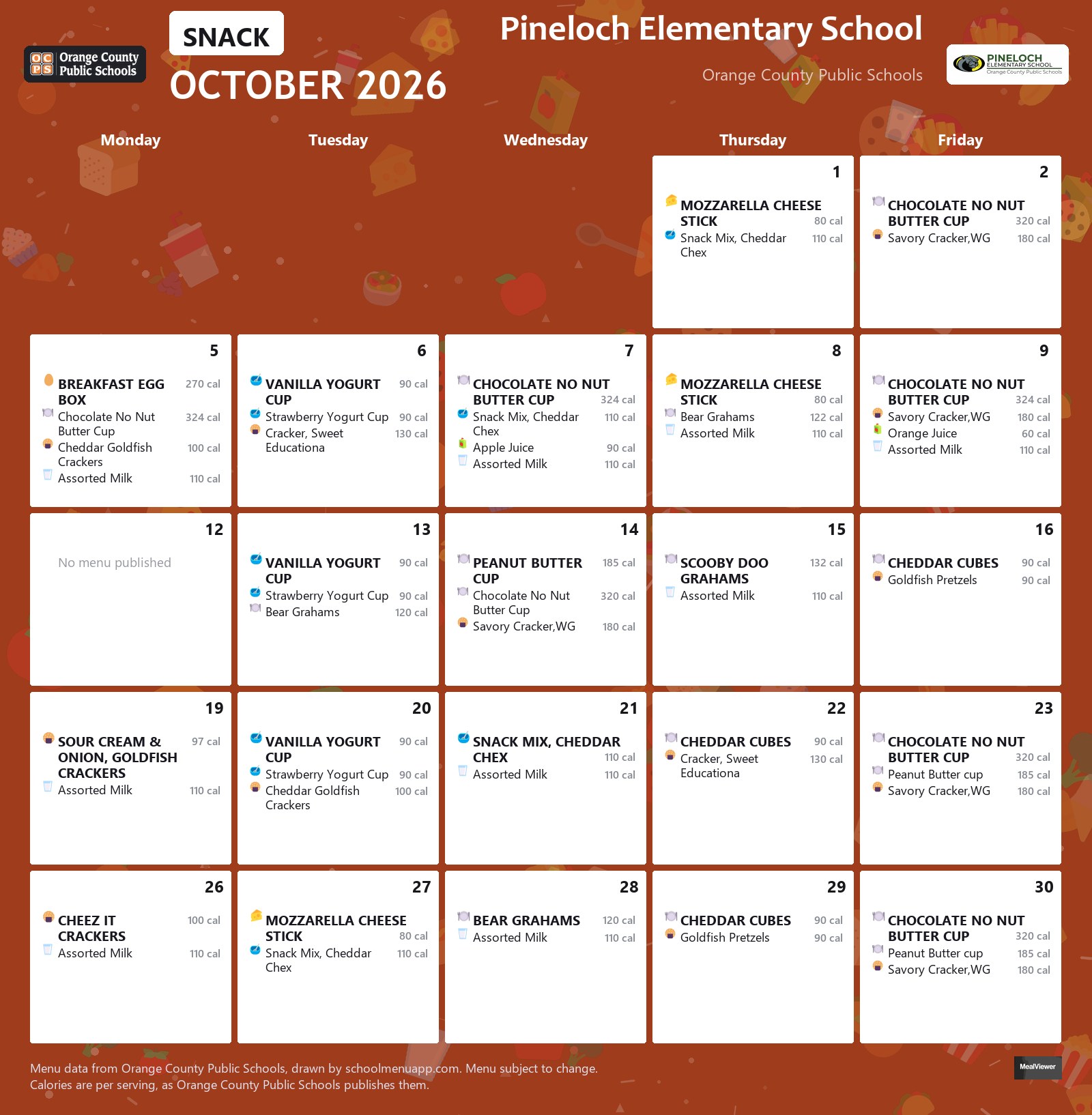 Pineloch Elementary School snack menu for October 2026 &mdash; Orange County Public Schools