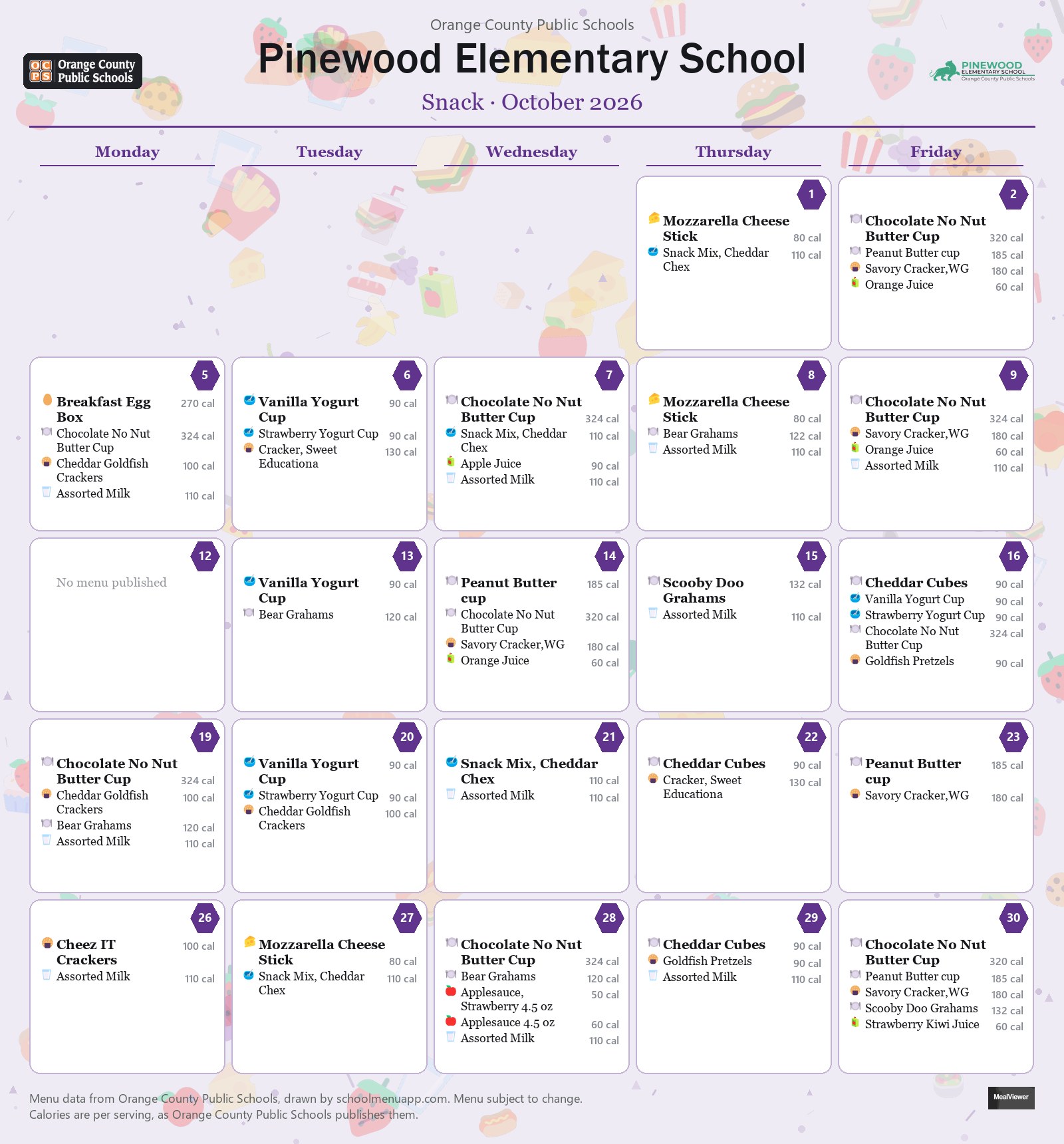 Pinewood Elementary School snack menu for October 2026 &mdash; Orange County Public Schools