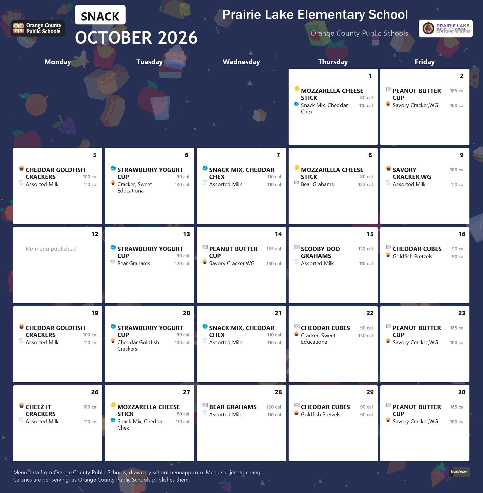 Prairie Lake Elementary School snack menu for October 2026 &mdash; Orange County Public Schools