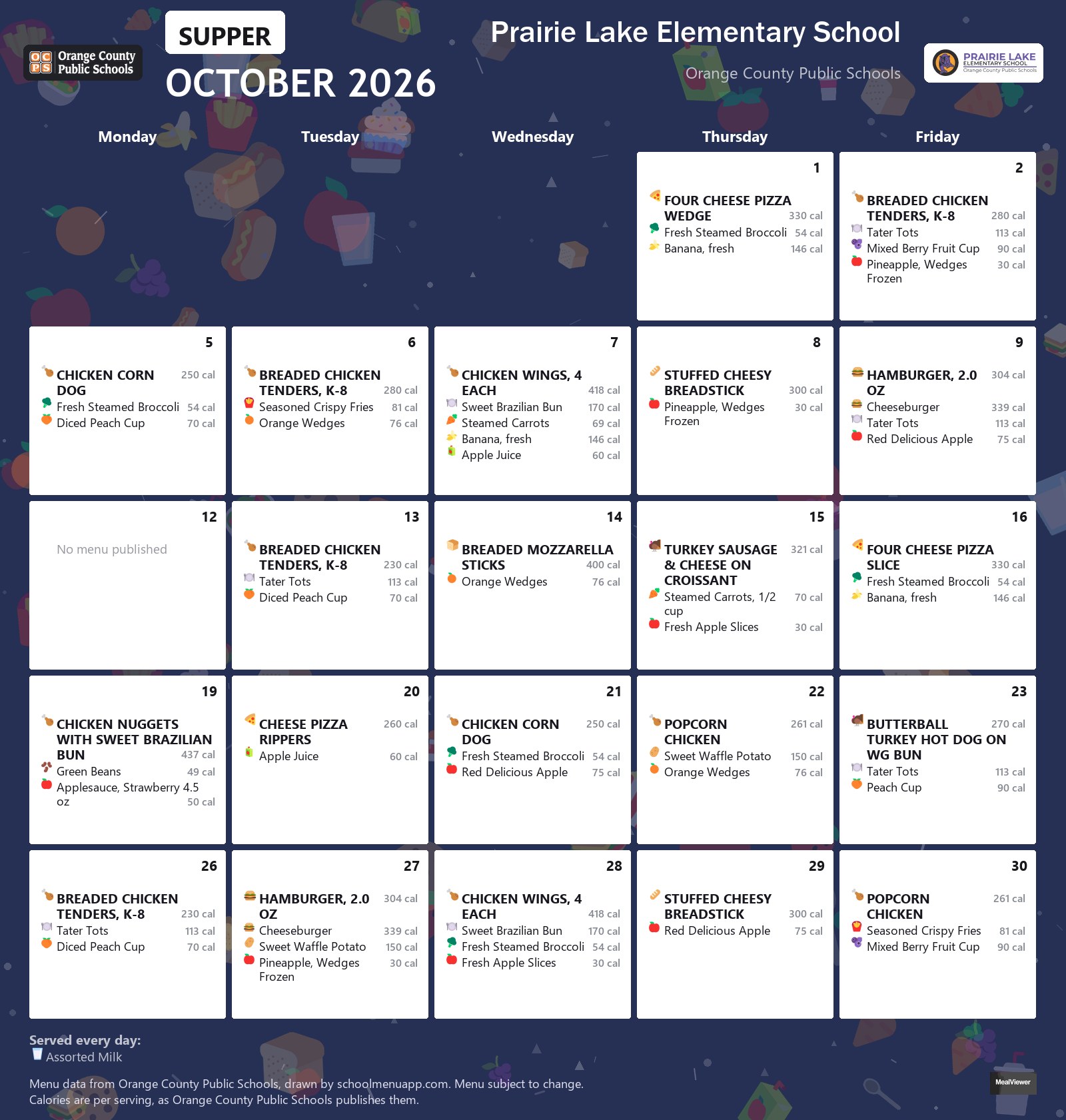 Prairie Lake Elementary School supper menu for October 2026 &mdash; Orange County Public Schools