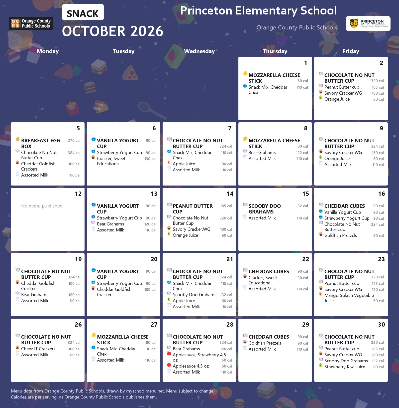 Princeton Elementary School snack menu for October 2026 &mdash; Orange County Public Schools