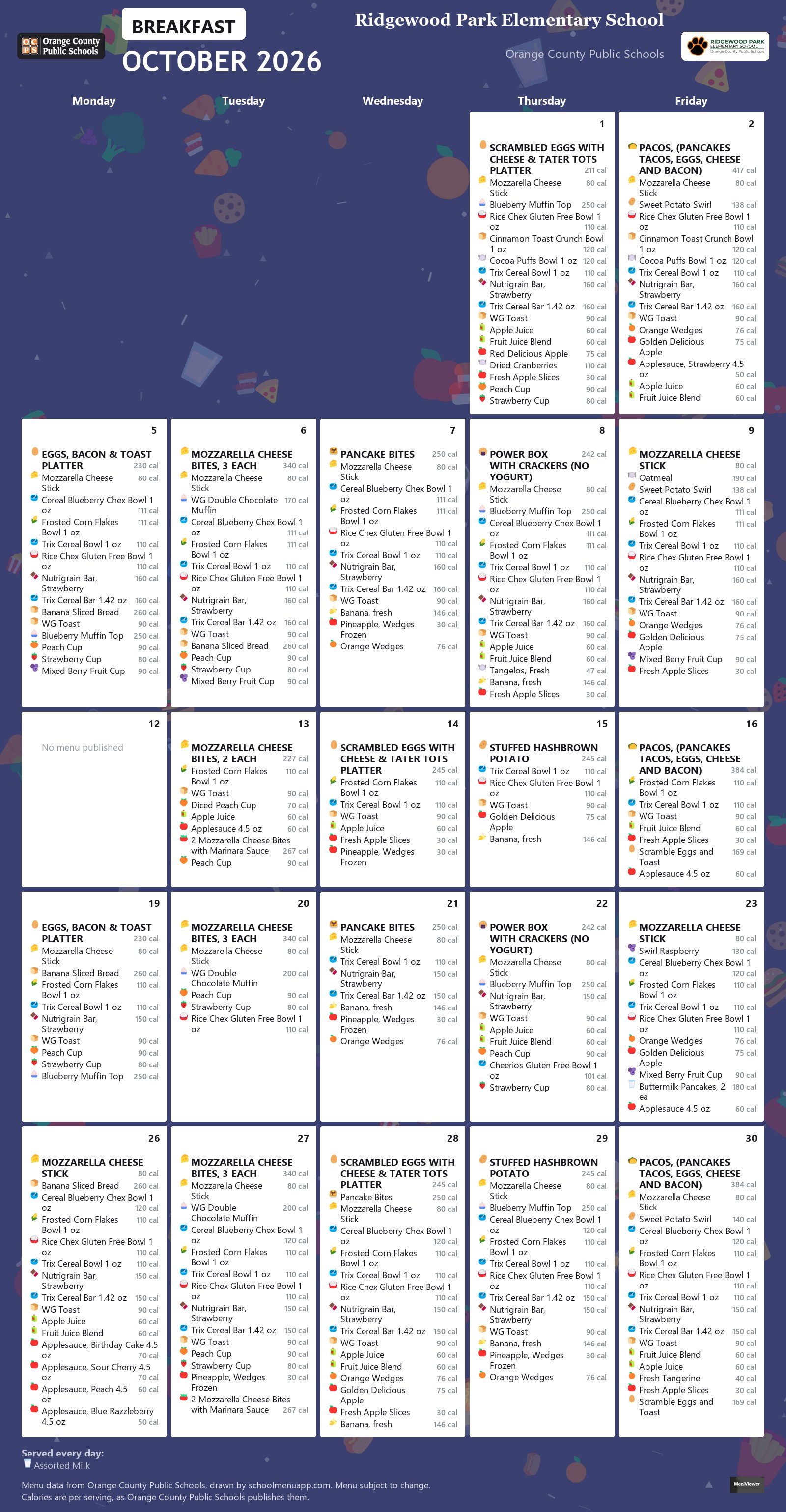 Ridgewood Park Elementary School breakfast menu for October 2026 &mdash; Orange County Public Schools
