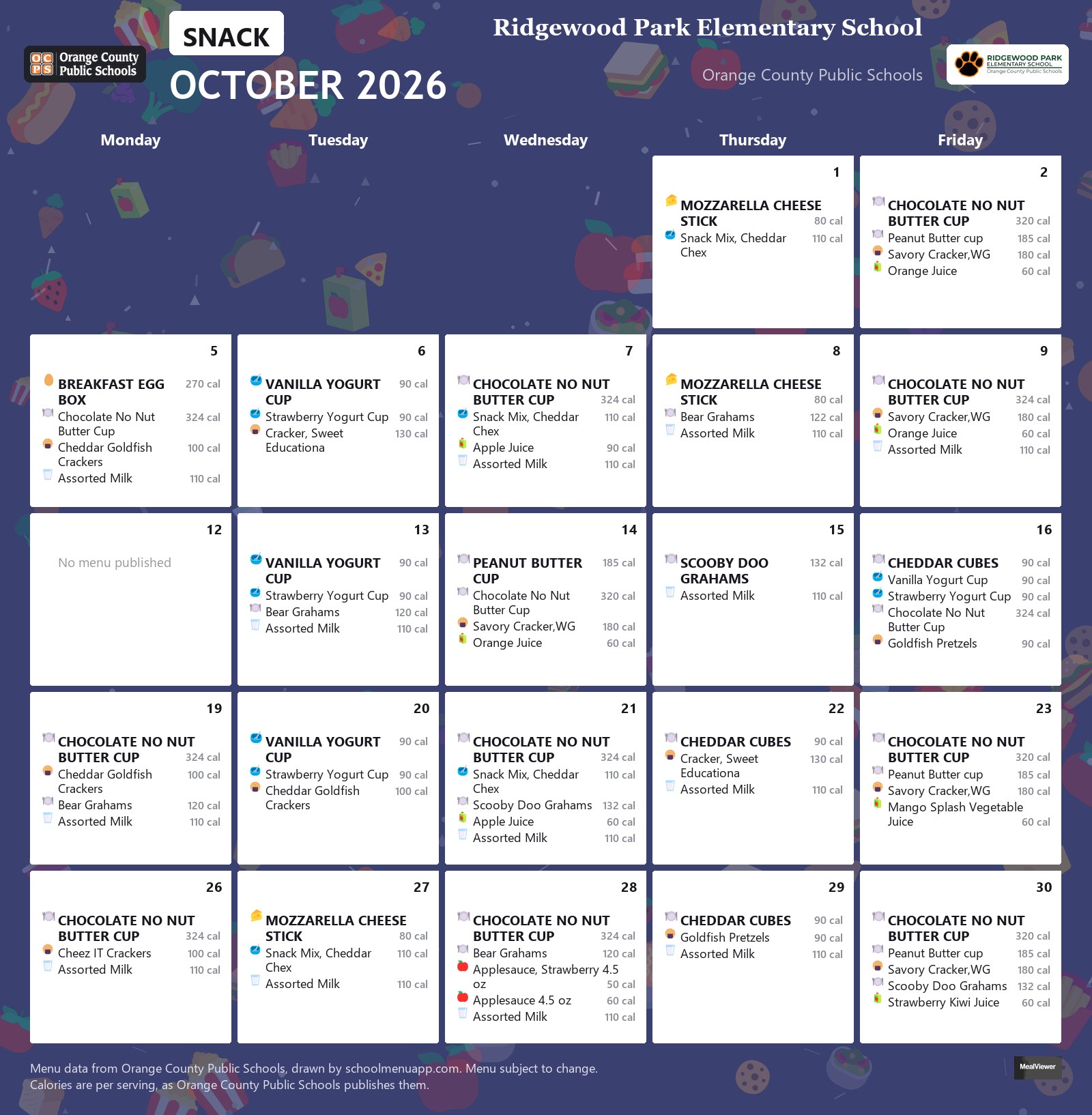 Ridgewood Park Elementary School snack menu for October 2026 &mdash; Orange County Public Schools