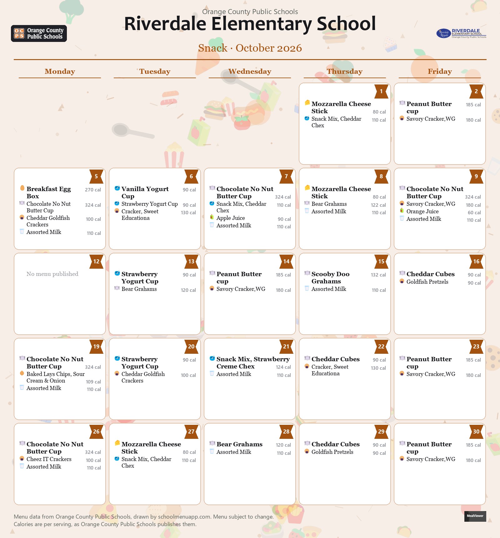 Riverdale Elementary School snack menu for October 2026 &mdash; Orange County Public Schools