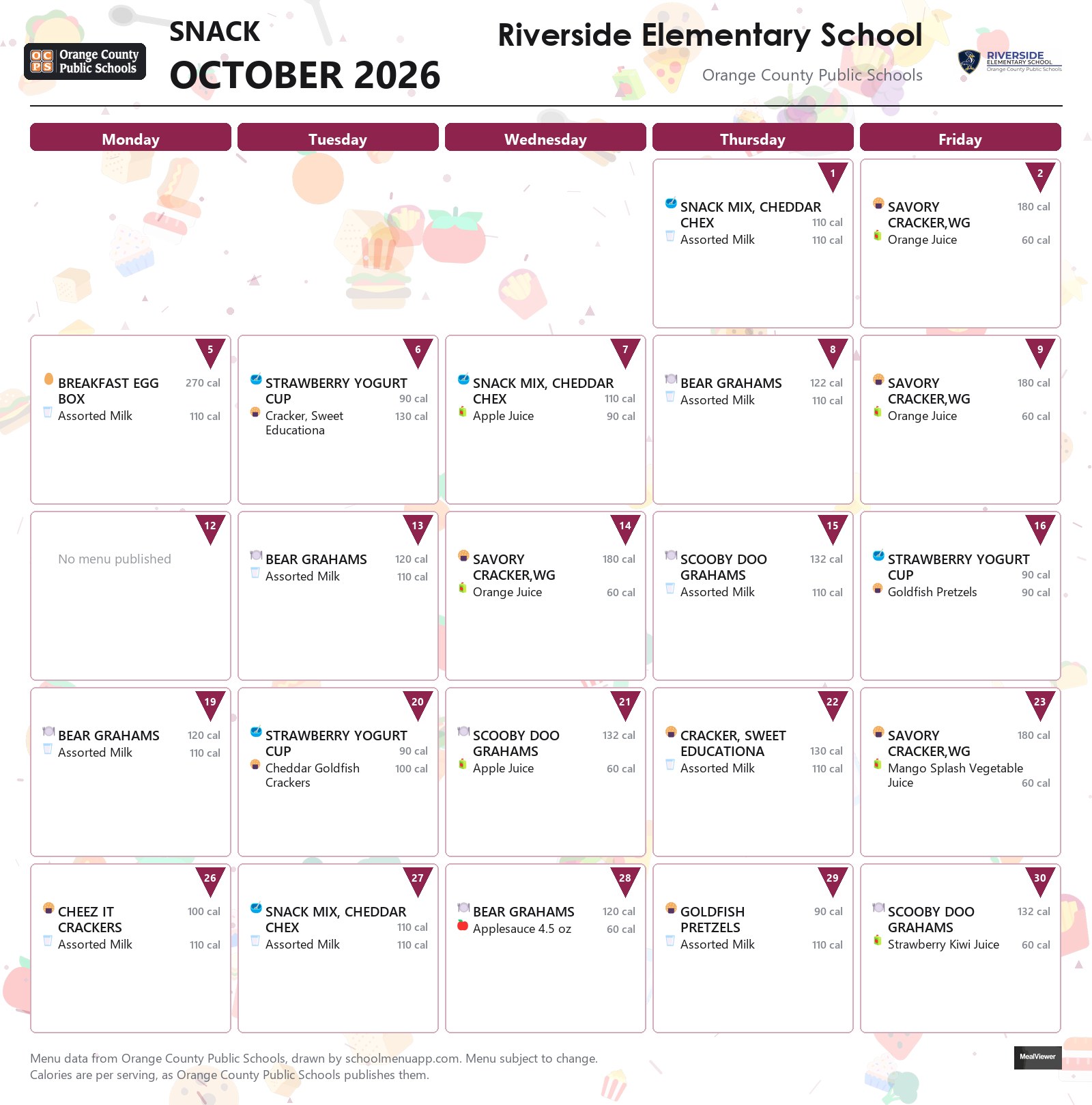 Riverside Elementary School snack menu for October 2026 &mdash; Orange County Public Schools