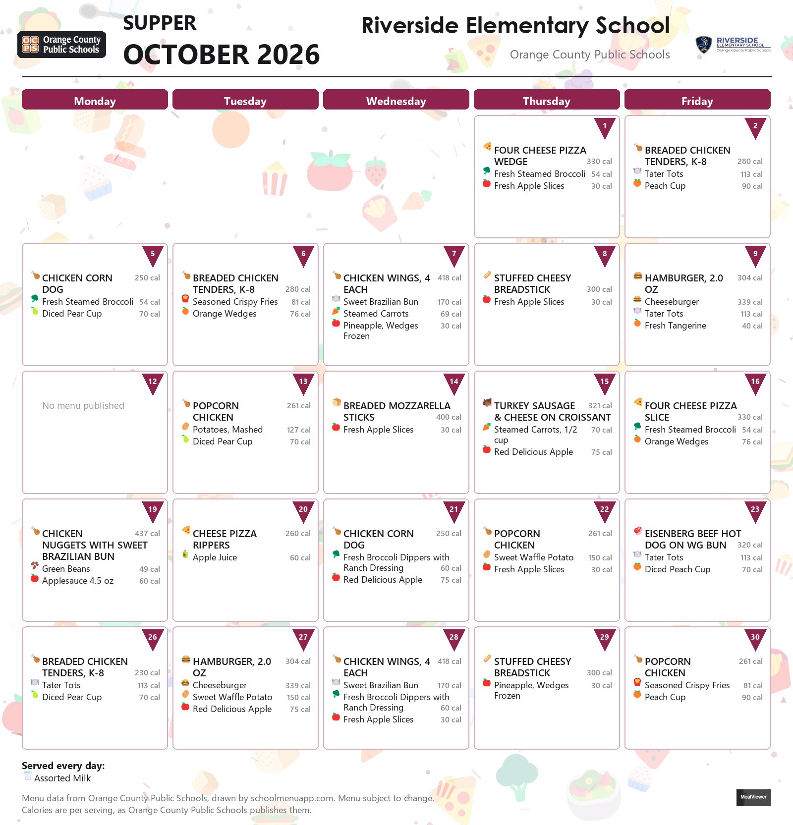 Riverside Elementary School supper menu for October 2026 &mdash; Orange County Public Schools