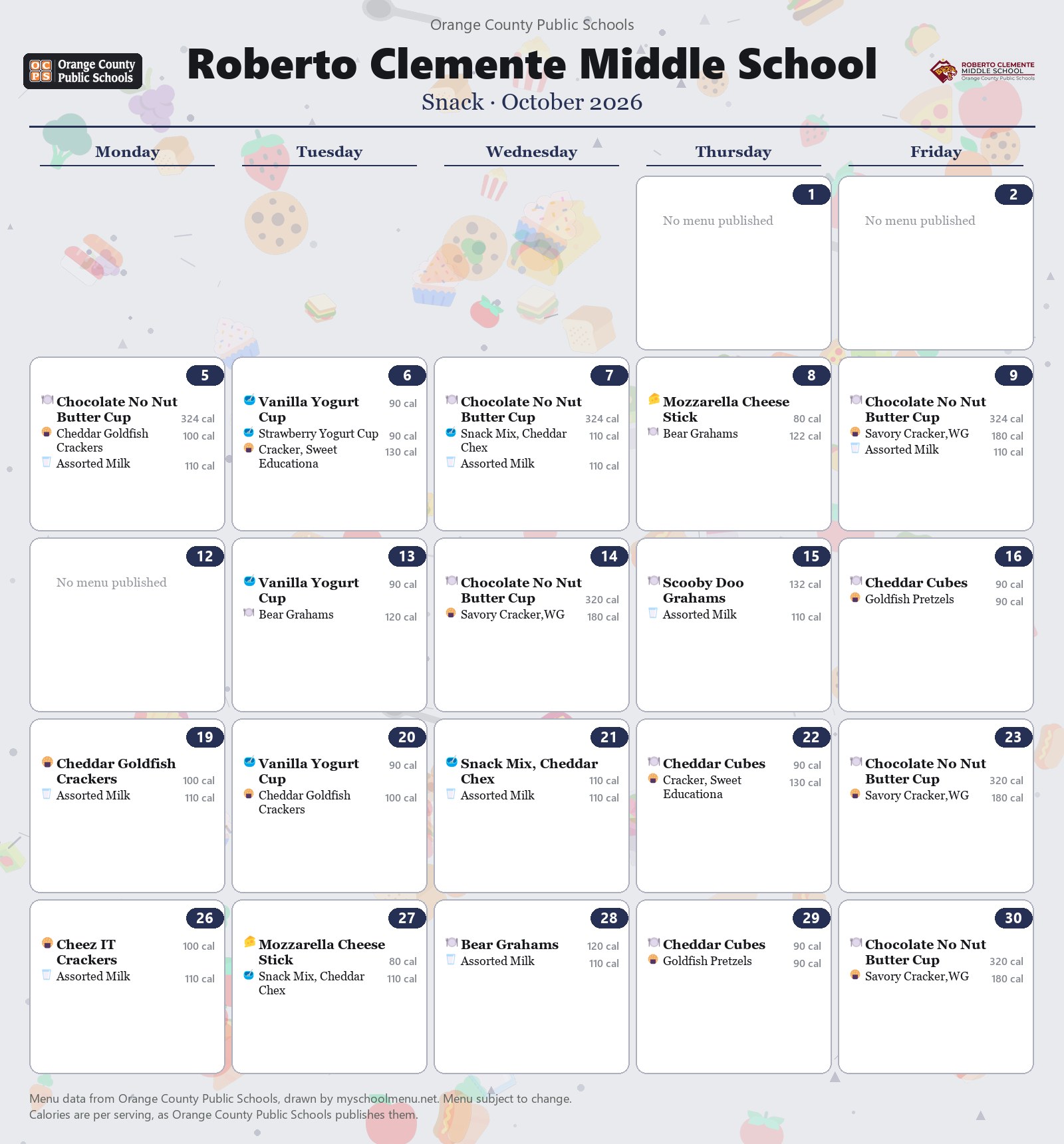 Roberto Clemente Middle School snack menu for October 2026 &mdash; Orange County Public Schools