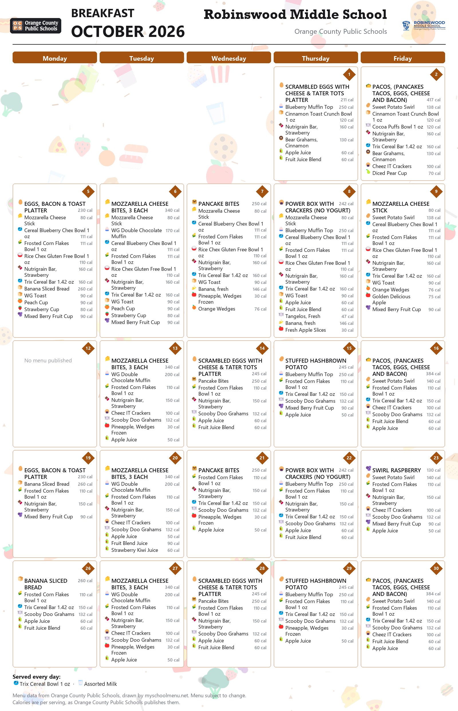 Robinswood Middle School breakfast menu for October 2026 &mdash; Orange County Public Schools