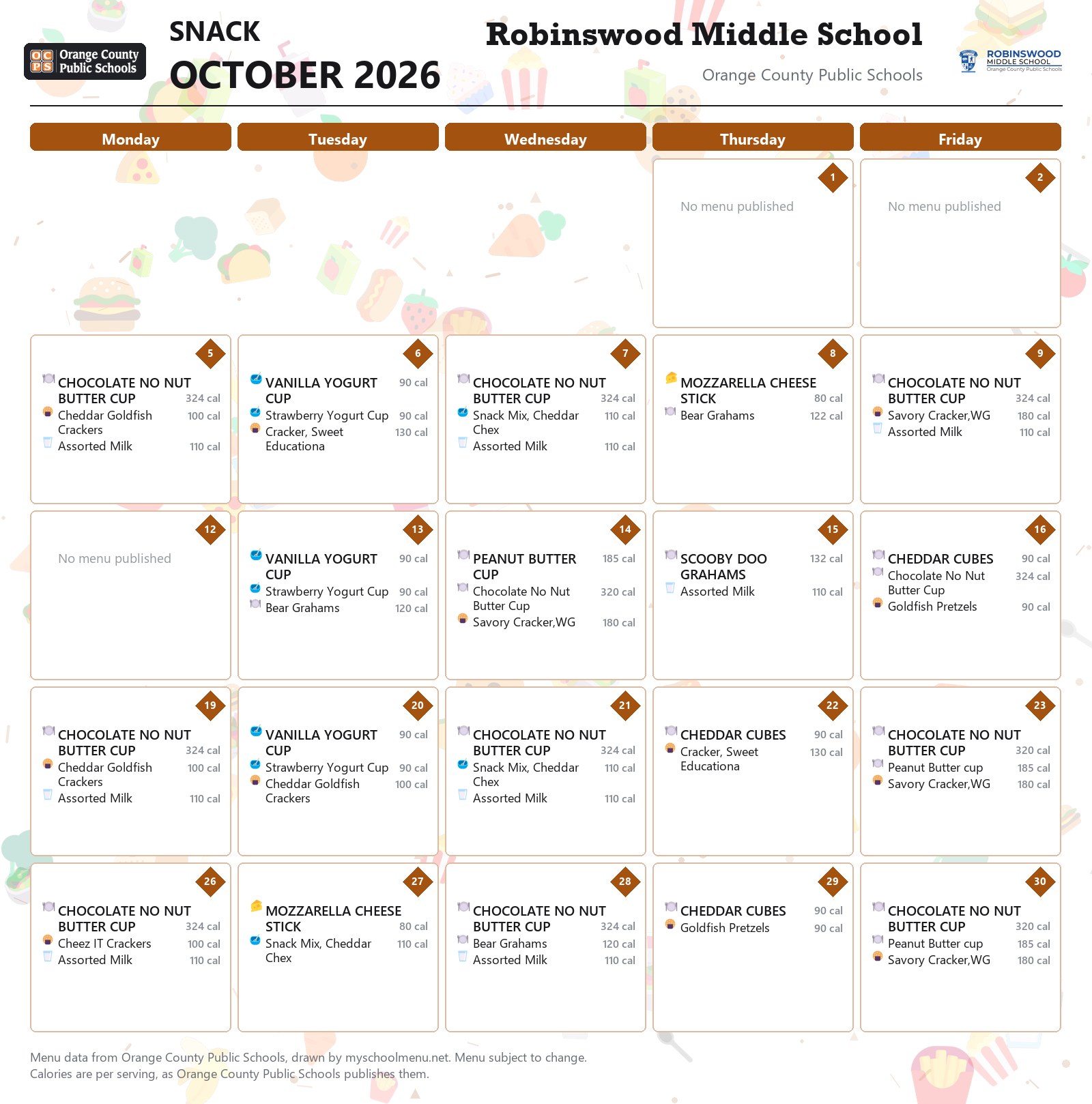 Robinswood Middle School snack menu for October 2026 &mdash; Orange County Public Schools