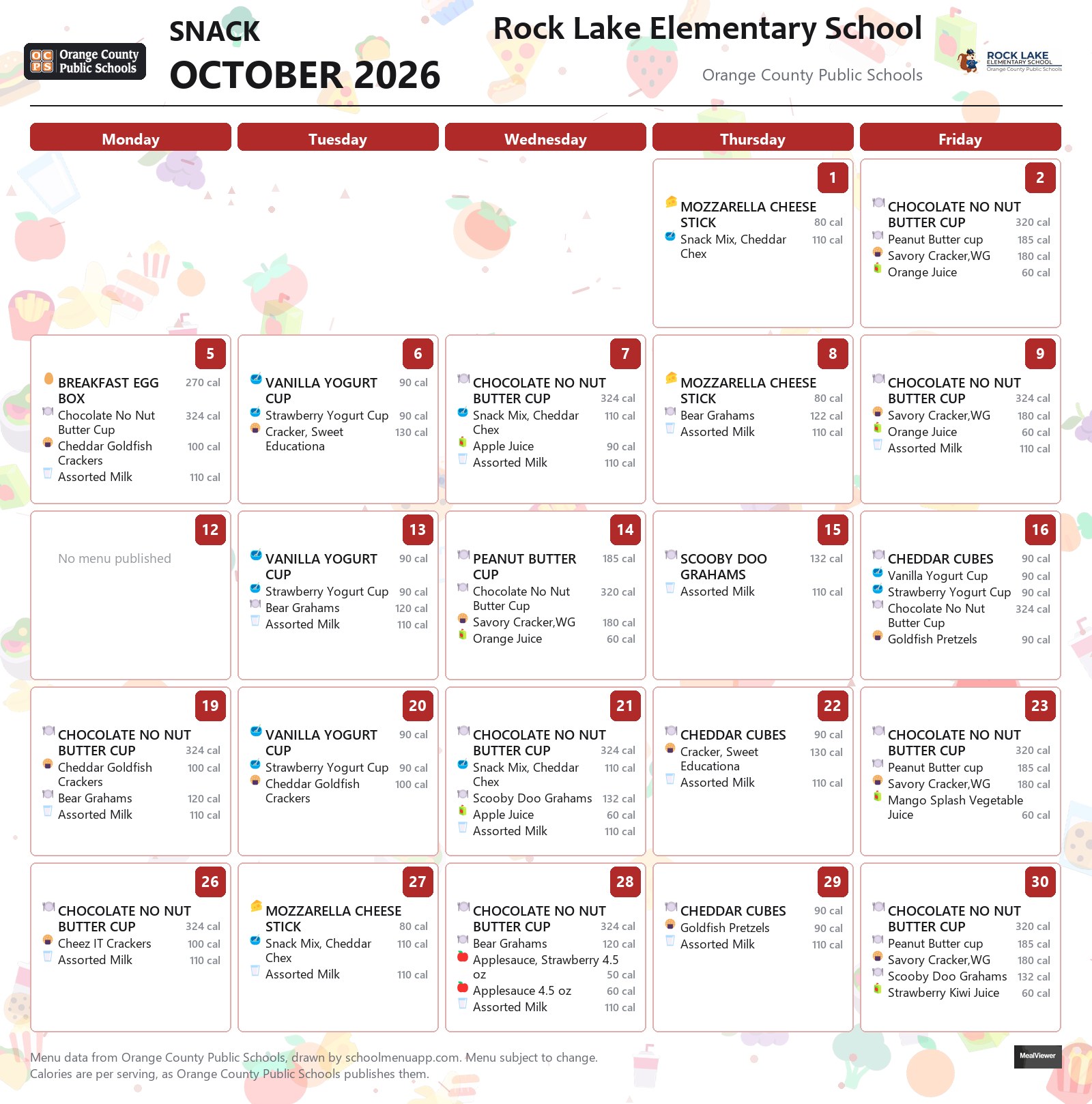Rock Lake Elementary School snack menu for October 2026 &mdash; Orange County Public Schools