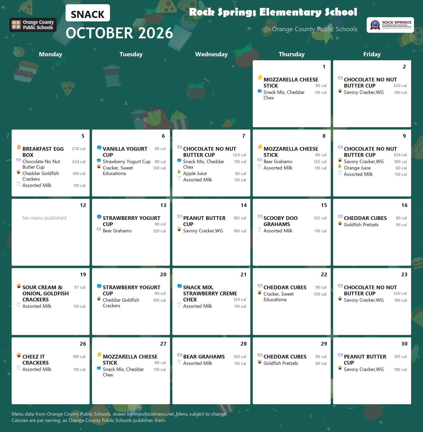 Rock Springs Elementary School snack menu for October 2026 &mdash; Orange County Public Schools