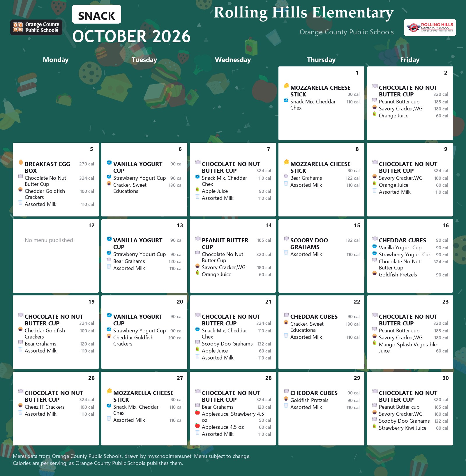Rolling Hills Elementary snack menu for October 2026 &mdash; Orange County Public Schools