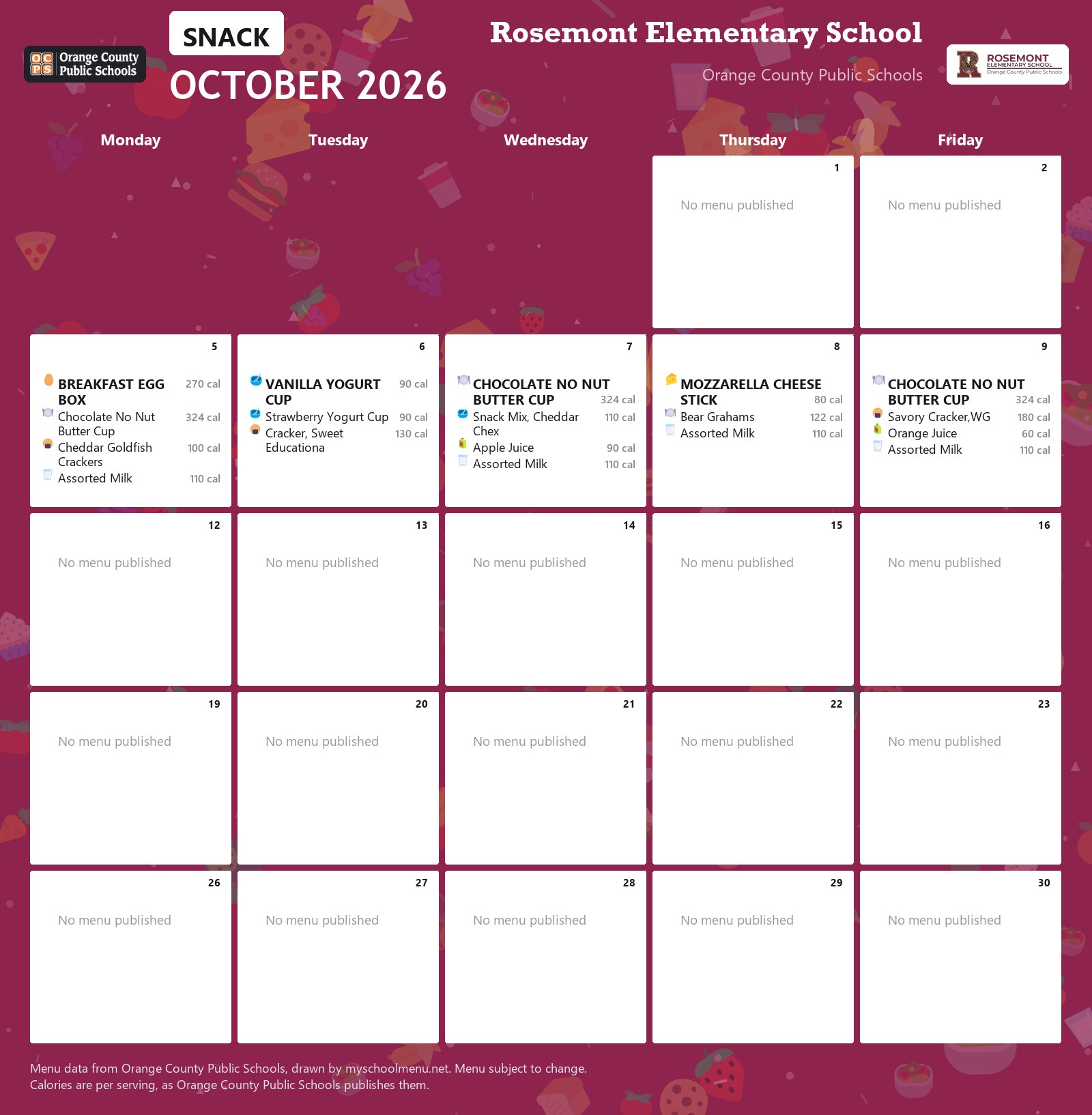 Rosemont Elementary School snack menu for October 2026 &mdash; Orange County Public Schools