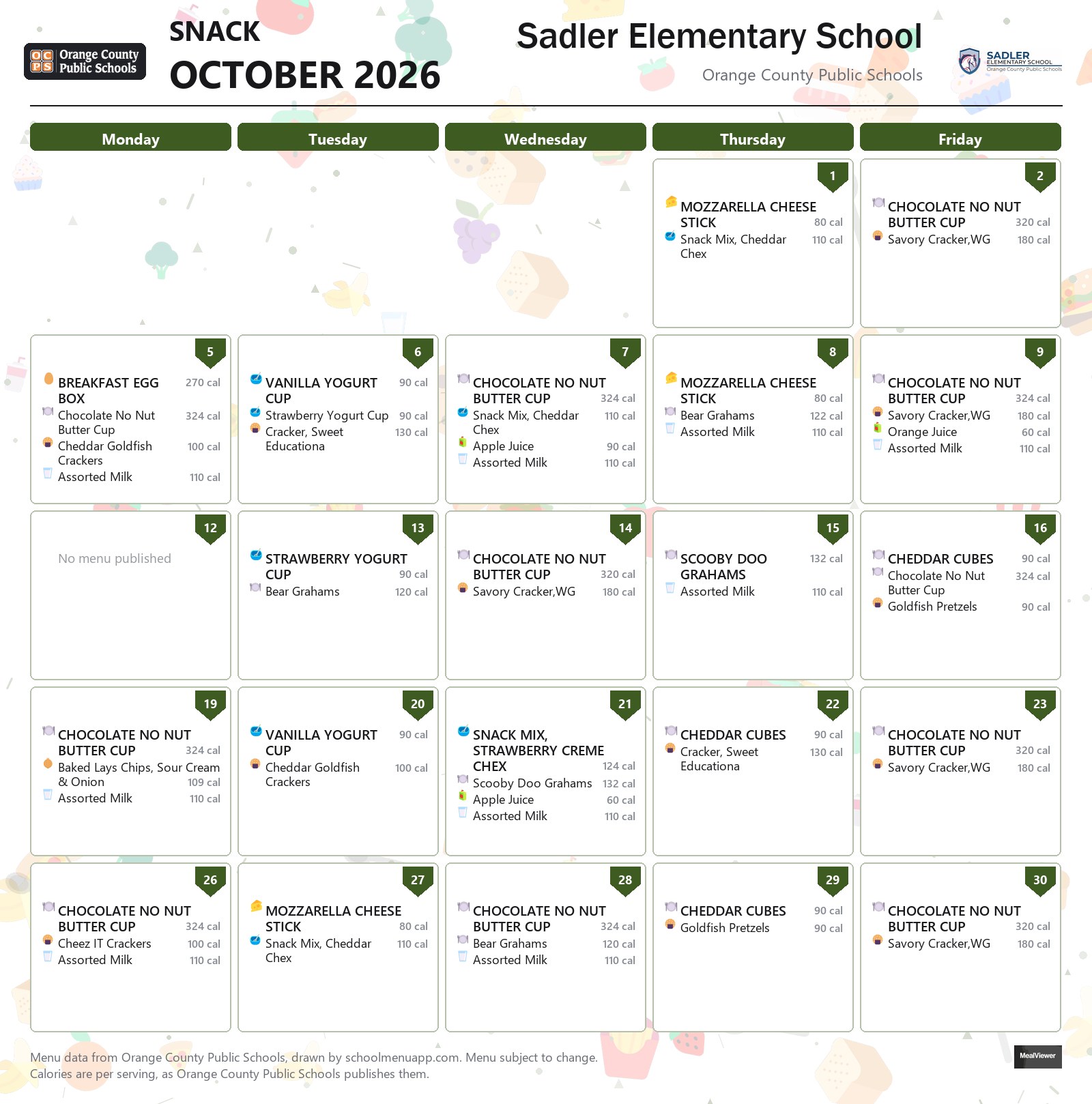 Sadler Elementary School snack menu for October 2026 &mdash; Orange County Public Schools