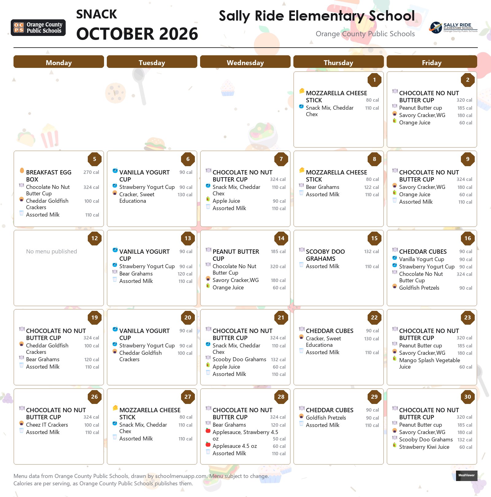 Sally Ride Elementary School snack menu for October 2026 &mdash; Orange County Public Schools