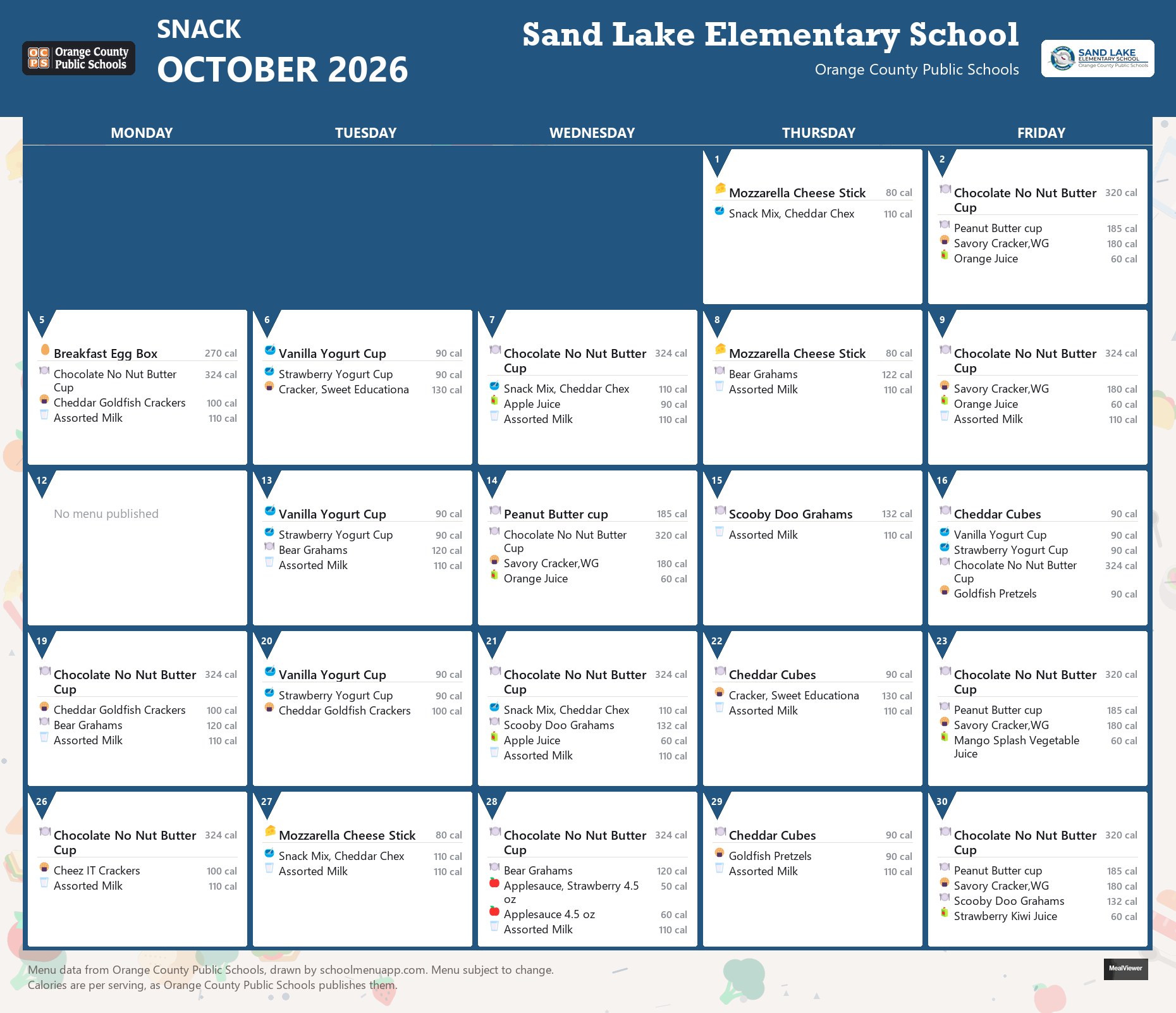 Sand Lake Elementary School snack menu for October 2026 &mdash; Orange County Public Schools