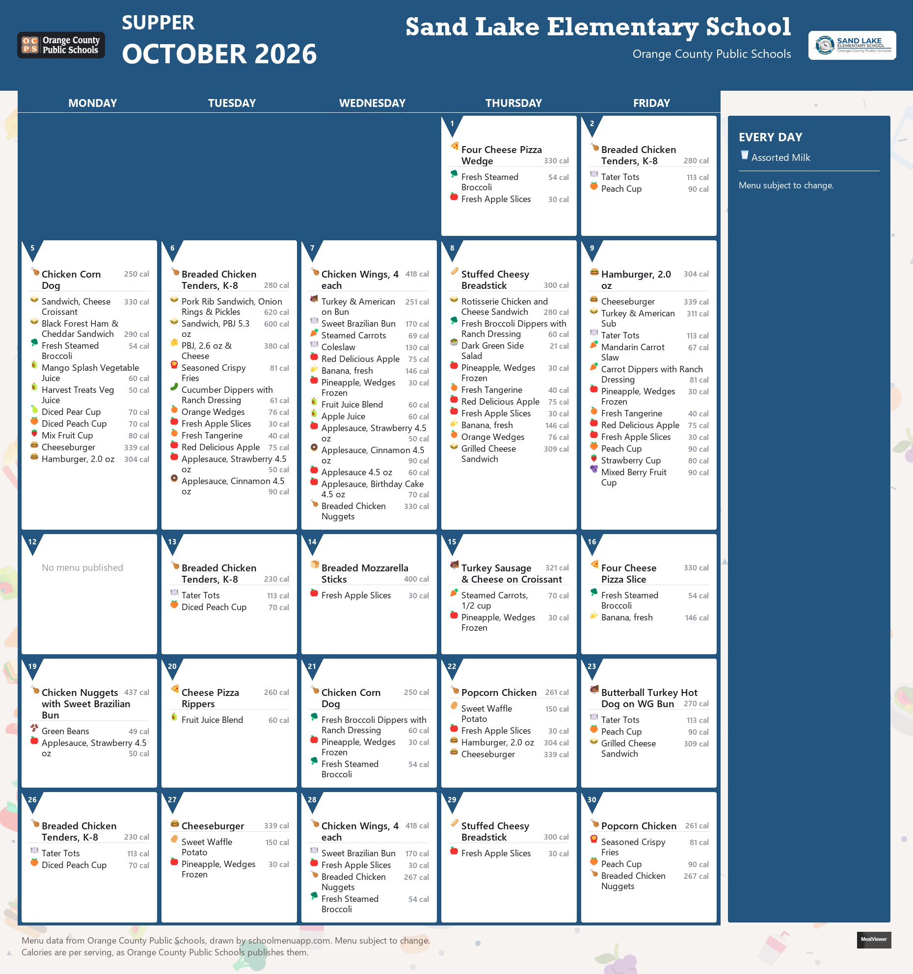 Sand Lake Elementary School supper menu for October 2026 &mdash; Orange County Public Schools