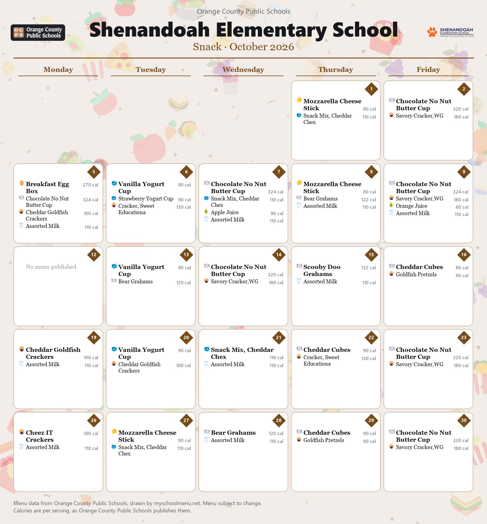 Shenandoah Elementary School snack menu for October 2026 &mdash; Orange County Public Schools