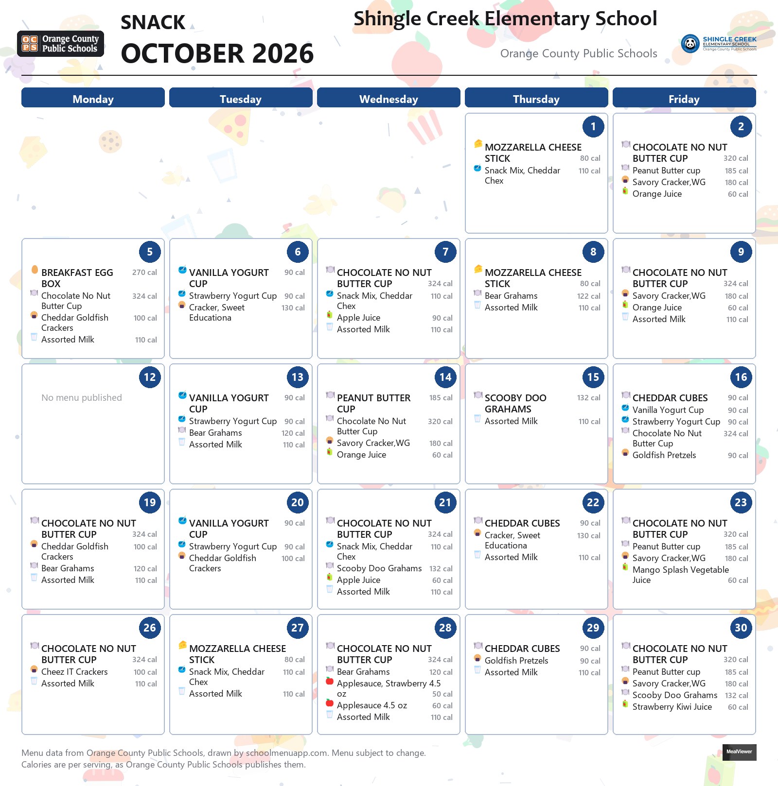 Shingle Creek Elementary School snack menu for October 2026 &mdash; Orange County Public Schools