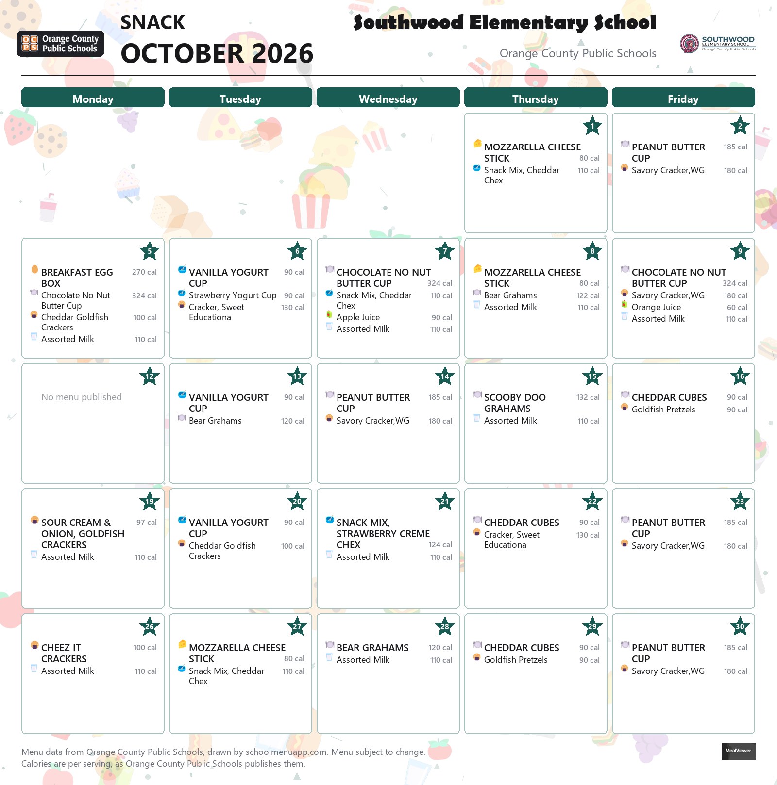 Southwood Elementary School snack menu for October 2026 &mdash; Orange County Public Schools